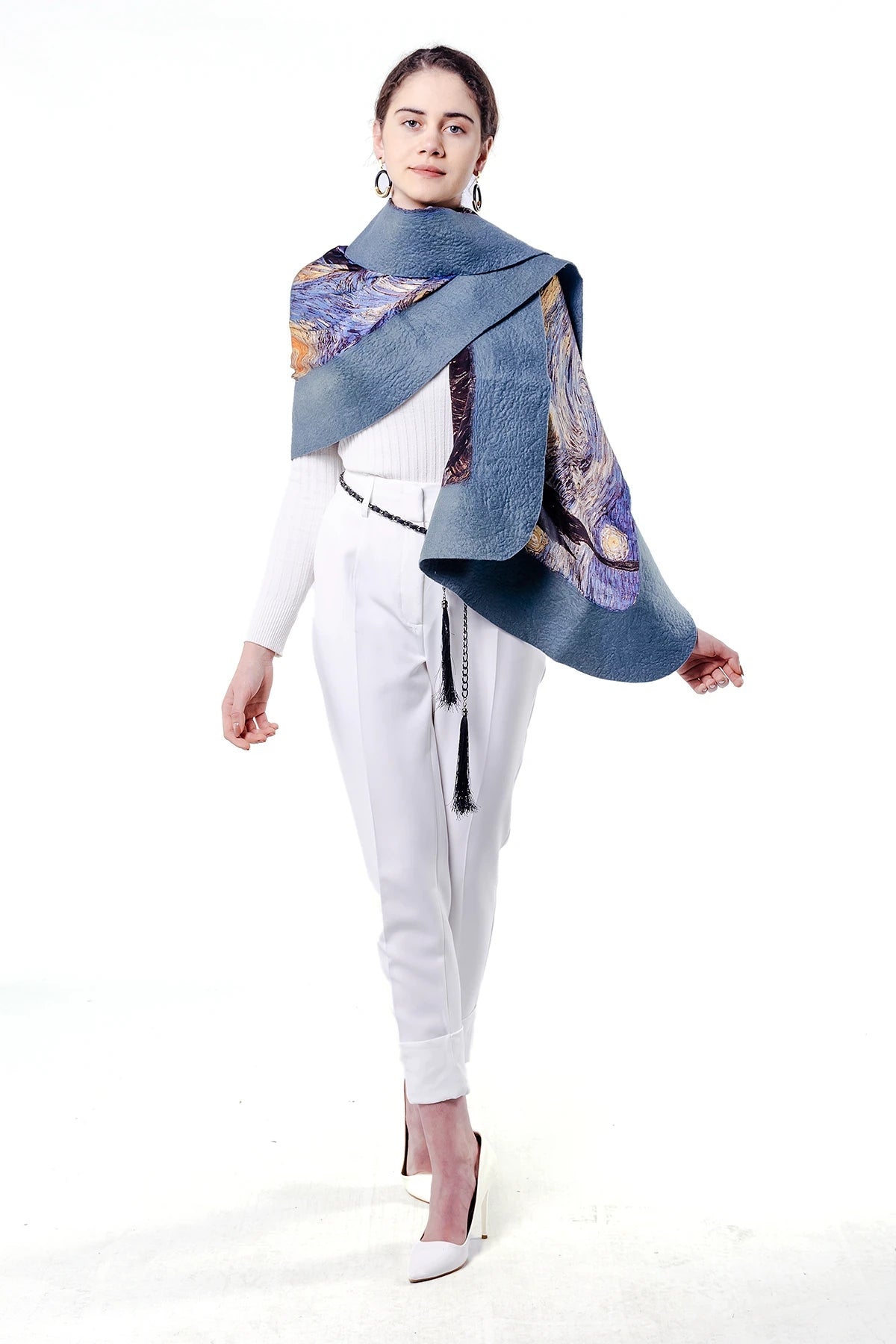 İpek Keçe Şal | Gri Van Gogh Starry Night | Nomads Felt