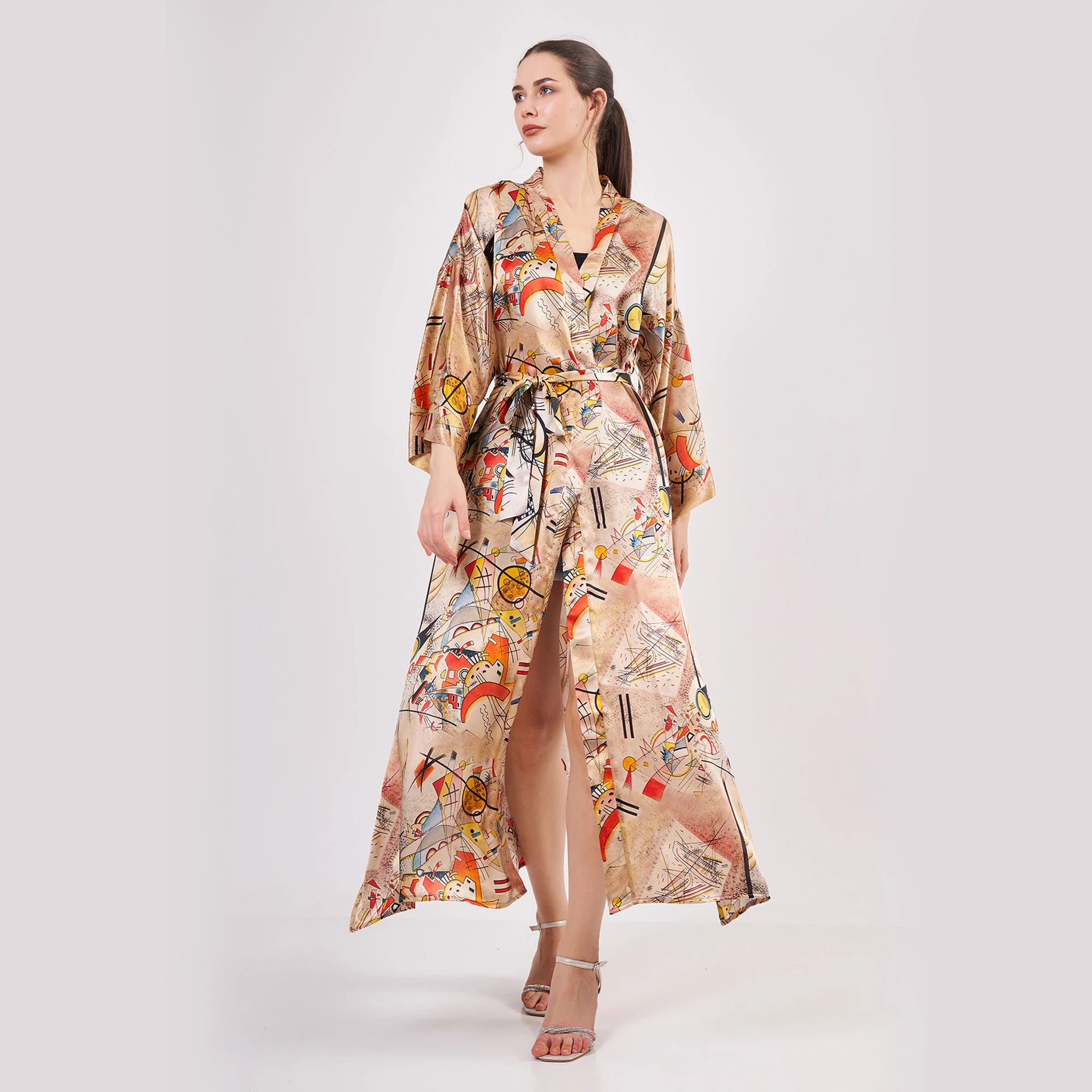 %100 İpek Uzun Kimono Kaftan | Kandinsky Bustling Aquarelle | Nomads Felt