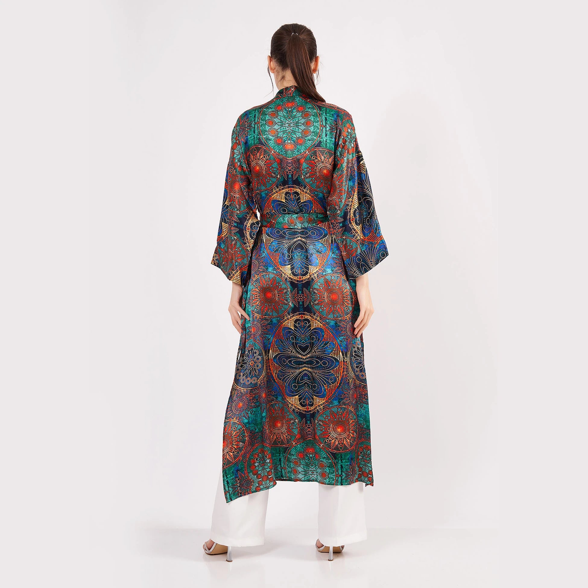 Saf İpek Uzun Kimono Kaftan | Yeşil Mandala Desen 4 | Nomads Felt