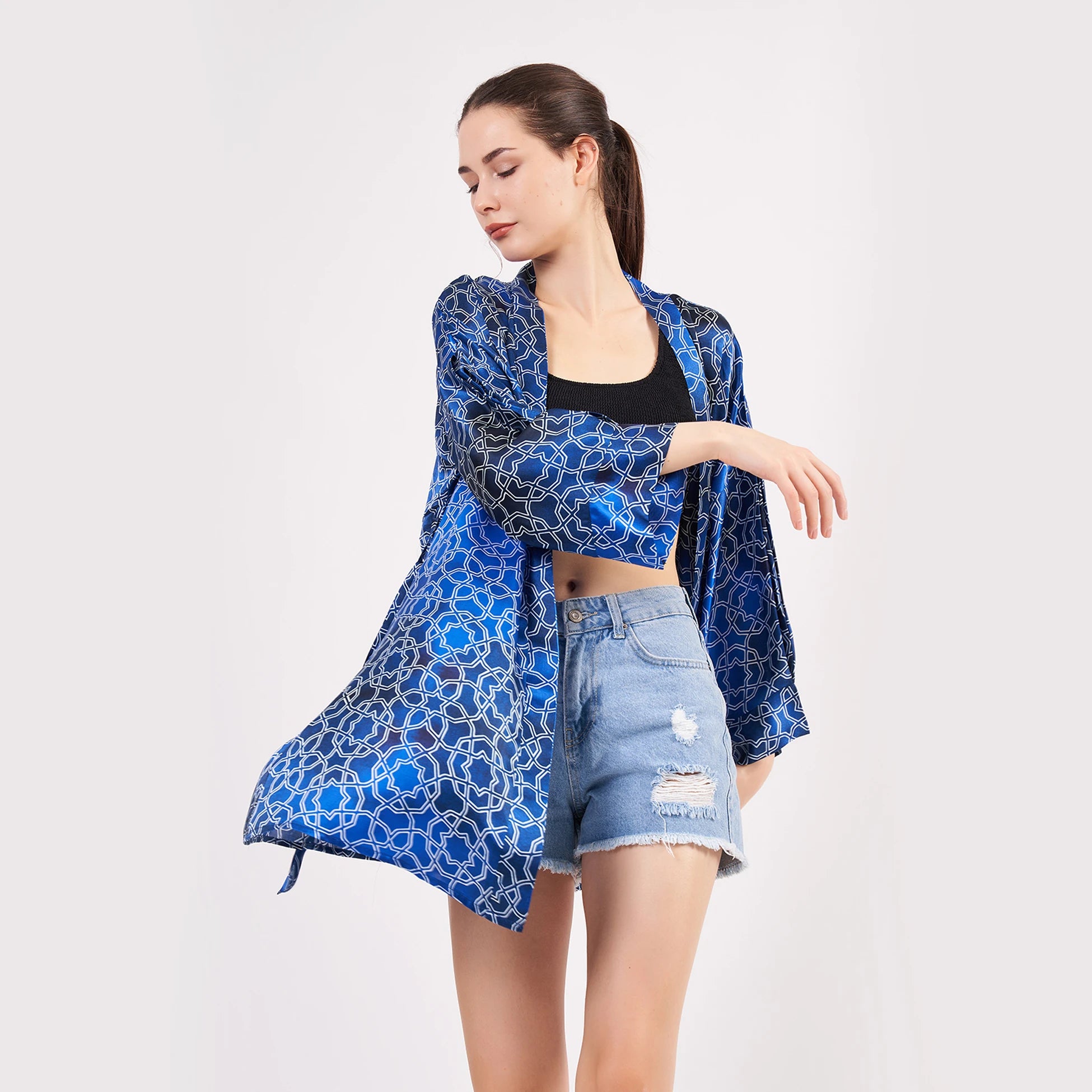 Saf İpek Kısa Kimono Kaftan | Mavi Beyaz Desenli | Nomads Felt
