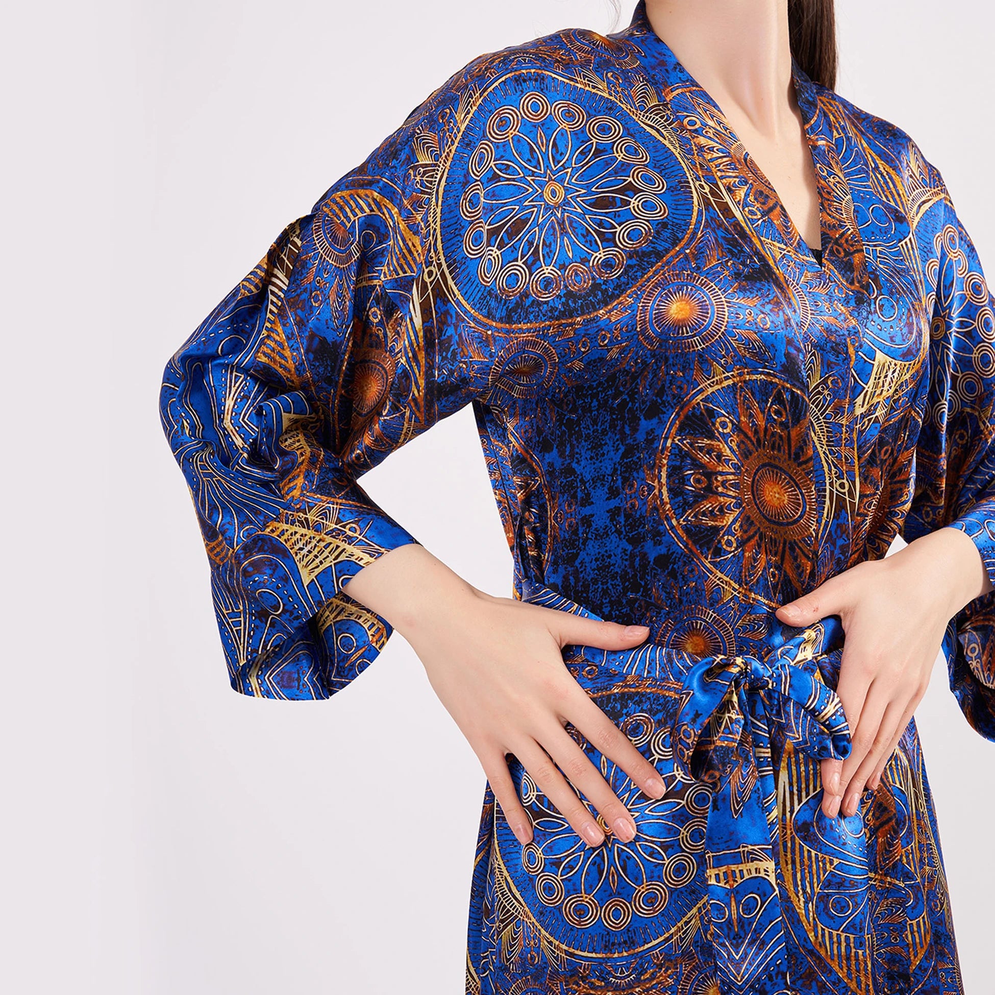 Saf İpek Uzun Kimono Kaftan | Mandala Desen 2 | Saks Mavi | Nomads Felt