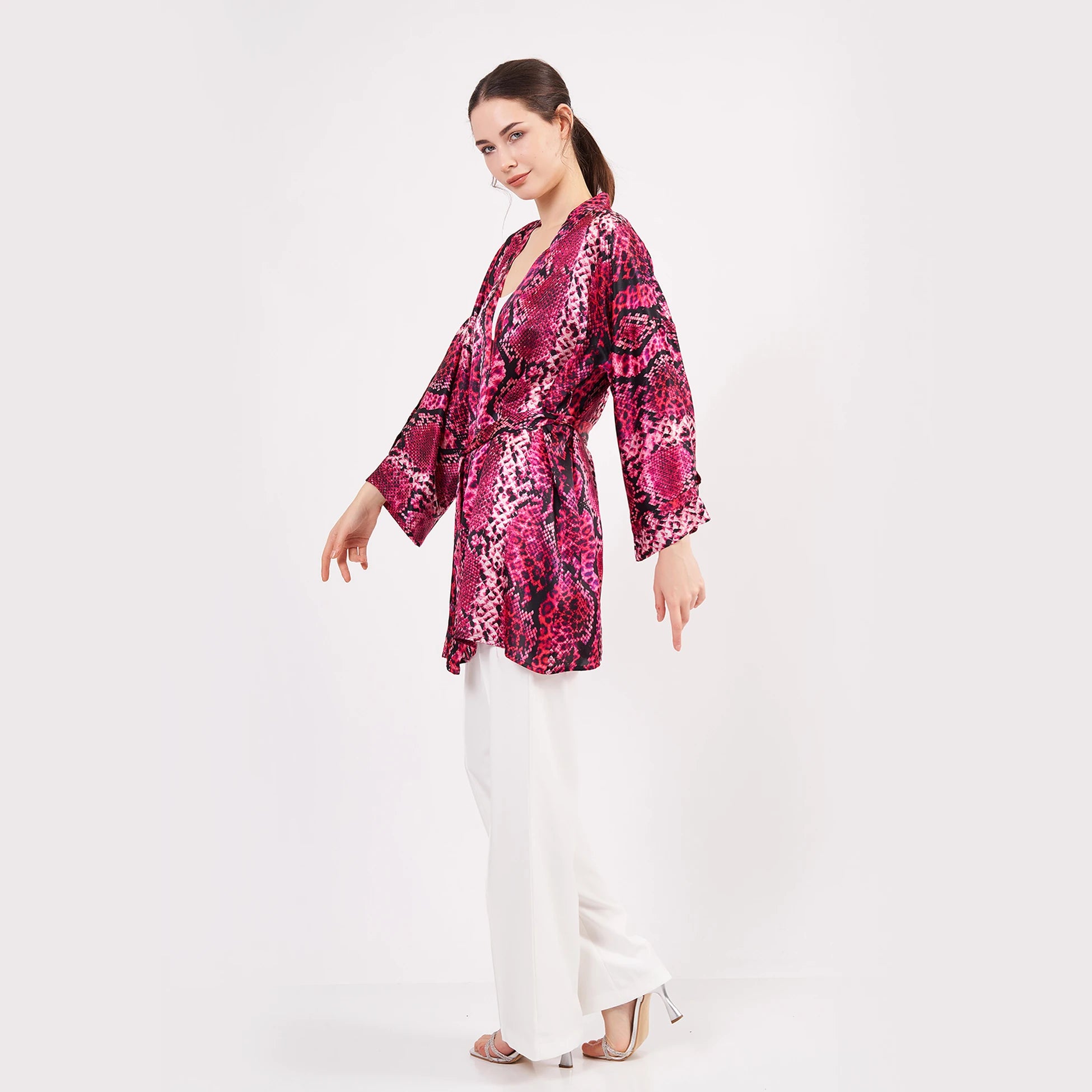 Saf İpek Kısa Kimono Kaftan | Yılan Derisi Desen Fuşya | Nomads Felt