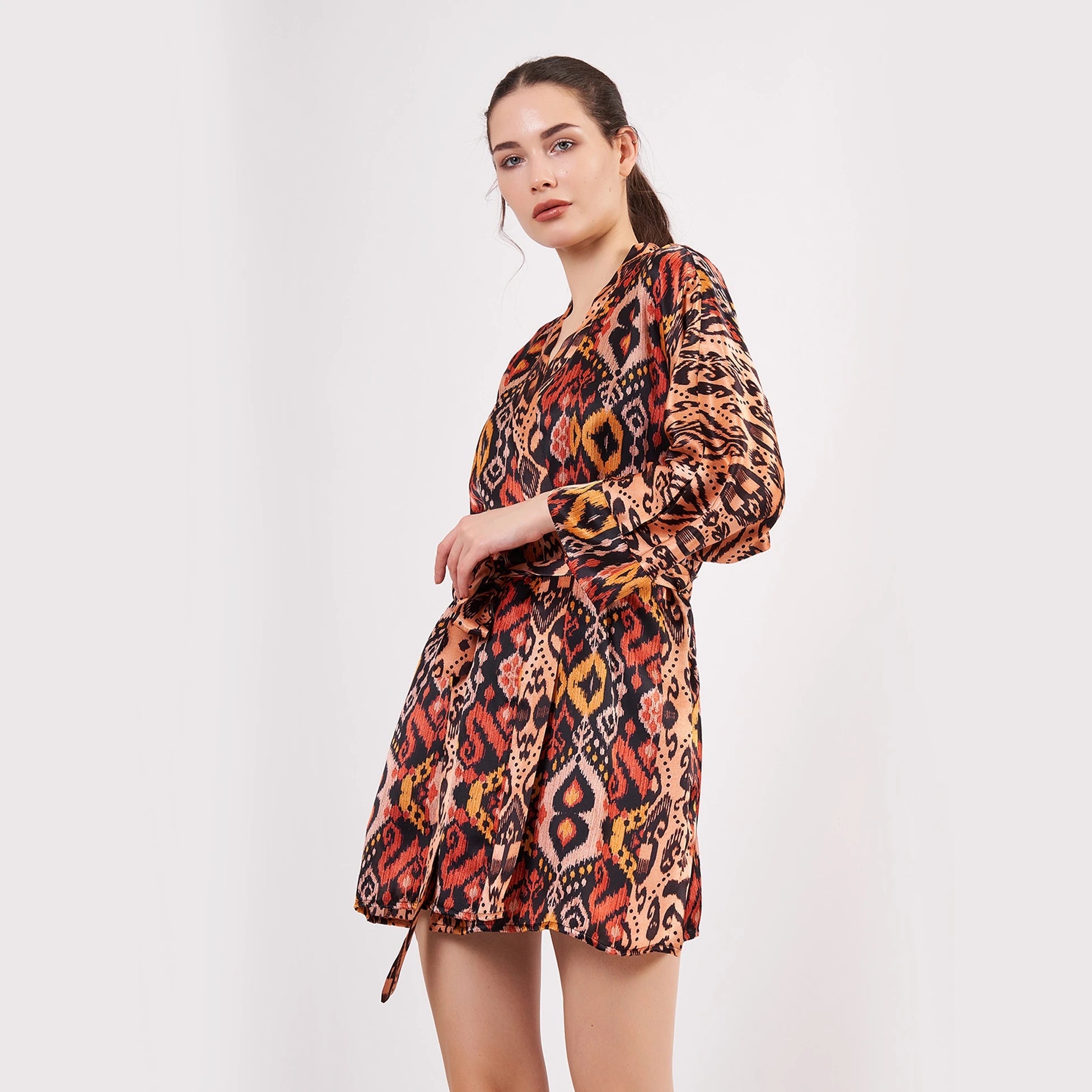 Saf İpek Kısa Kimono Kaftan | Ikat Desen 4 | Nomads Felt