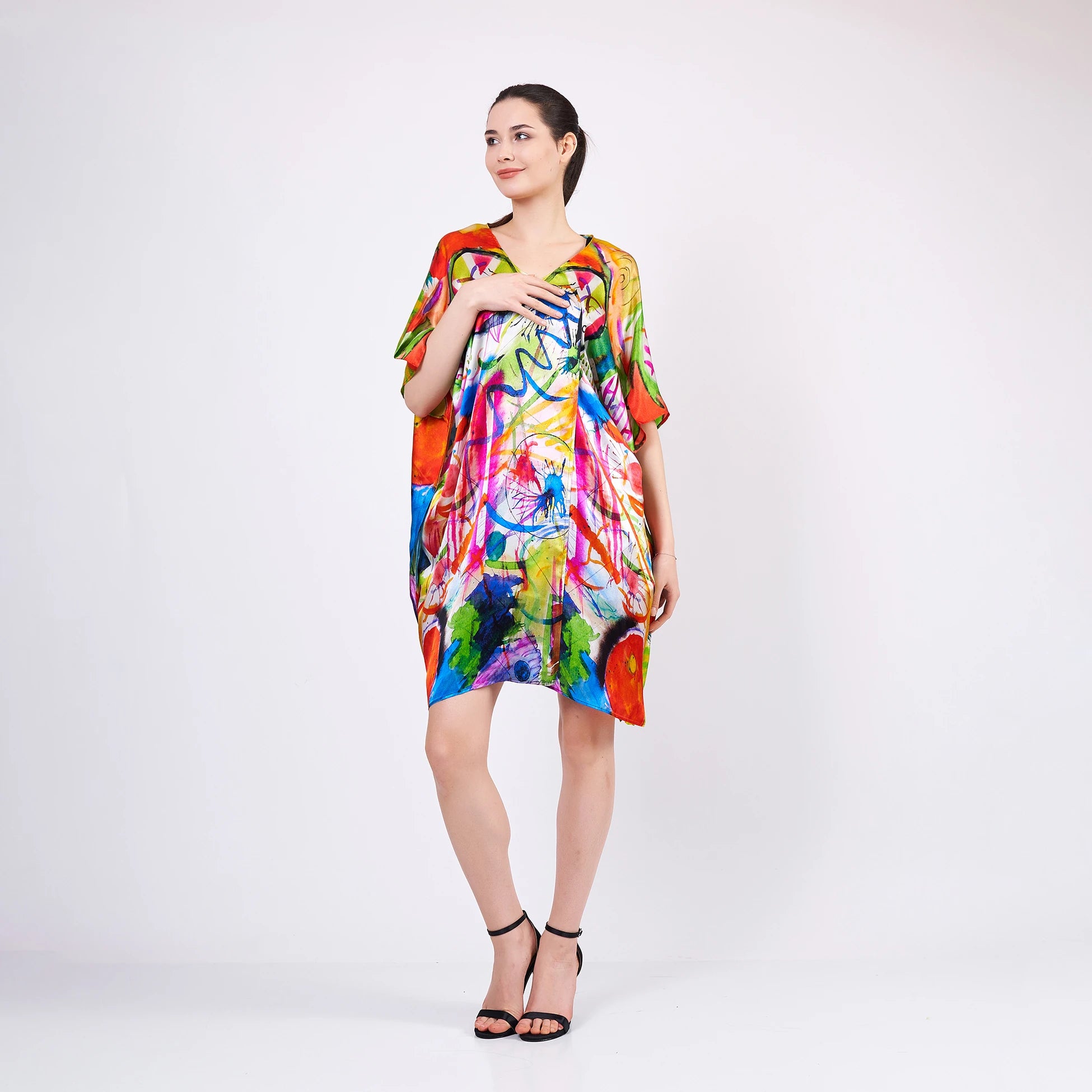 %100 İpek Kısa Kimono Pareo | Kandinsky Watercolor | Nomads Felt