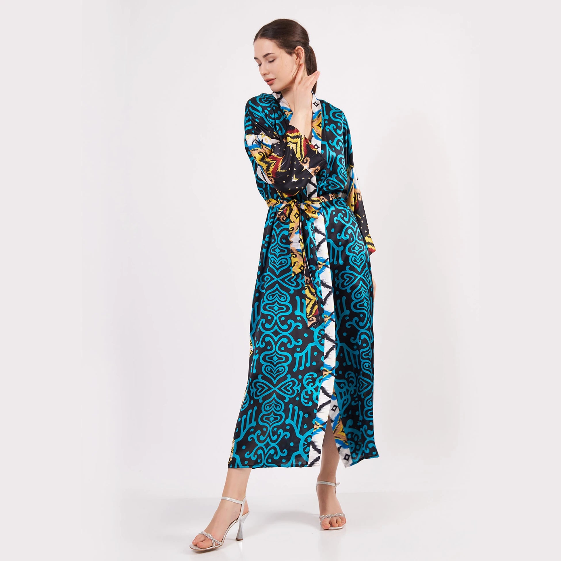 %100 İpek Uzun Kimono Kaftan | İkat Desen Turkuaz | Nomads Felt