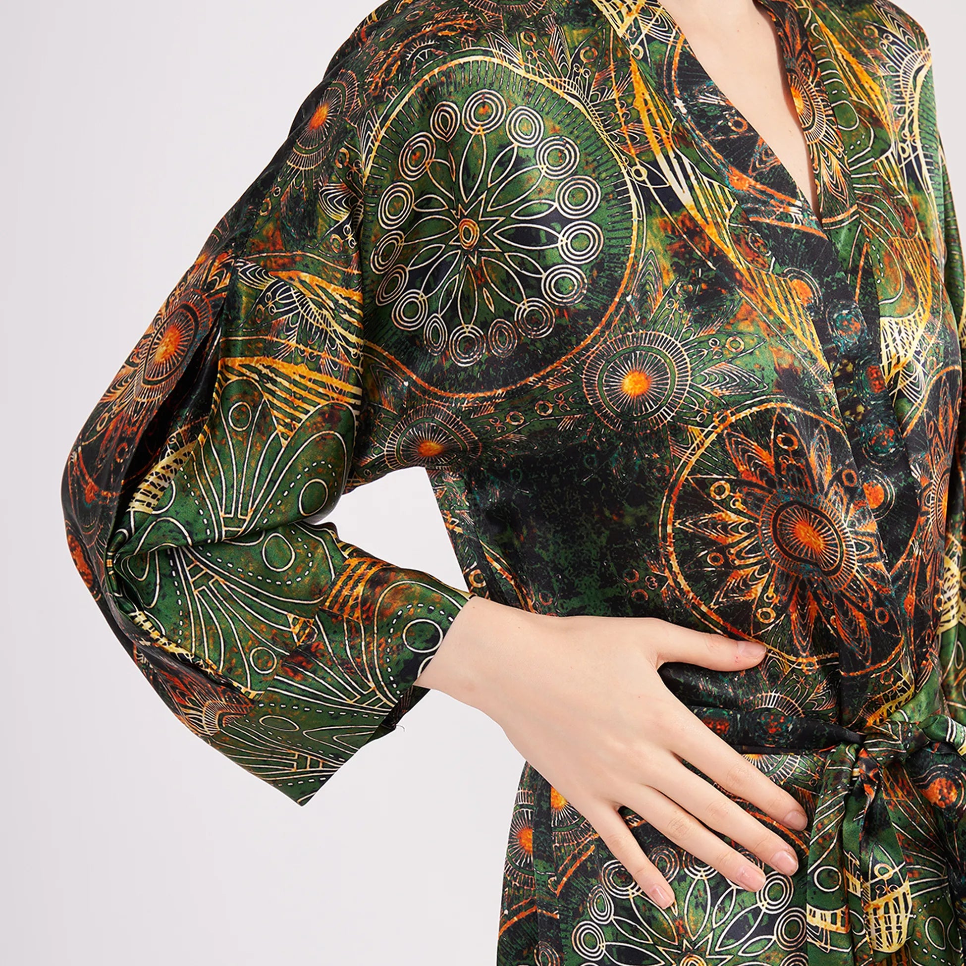 Saf İpek Kısa Kimono Kaftan | Mandala Desen 5 Haki | Nomads Felt