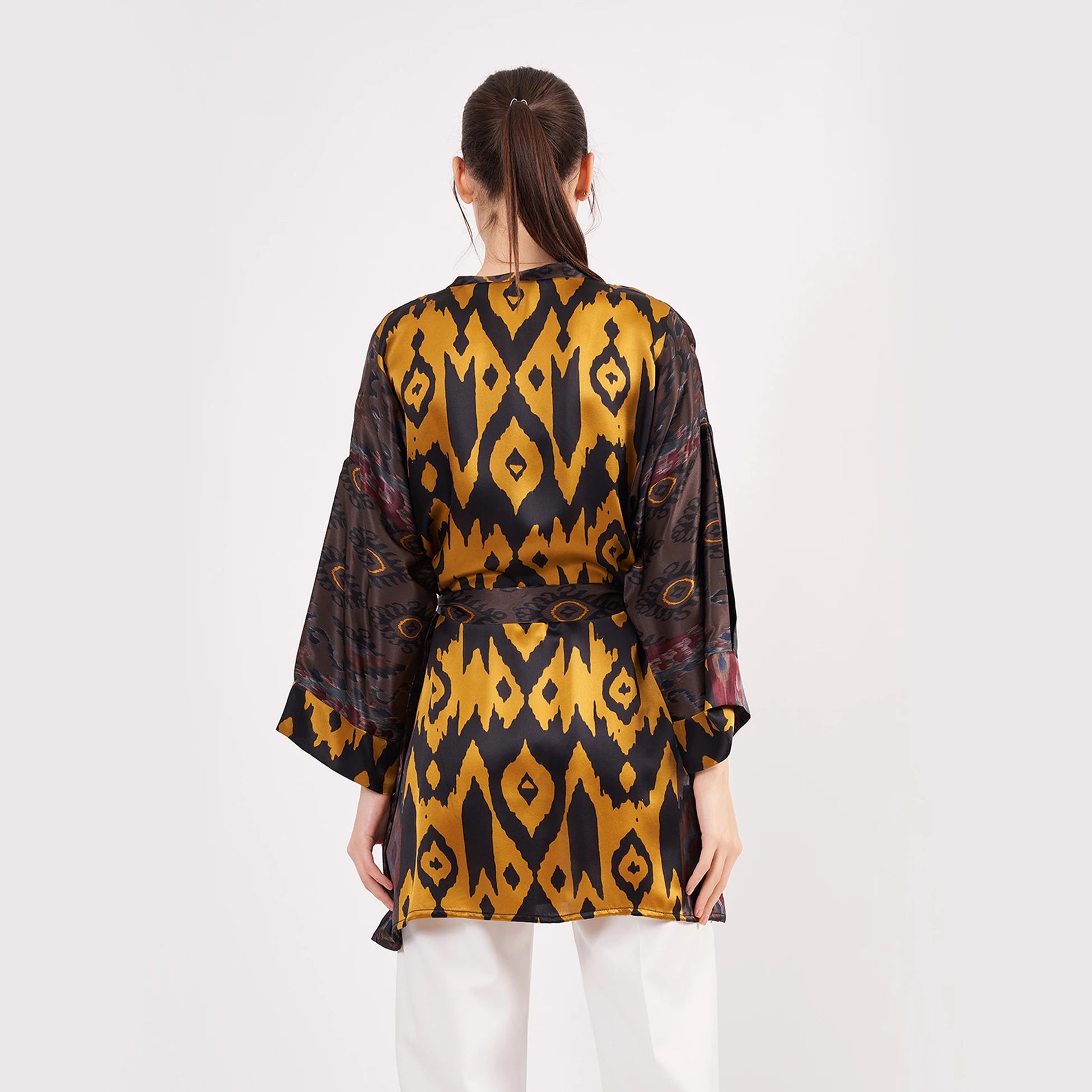 Saf İpek Kısa Kimono Kaftan | Ikat Desen 9 | Nomads Felt