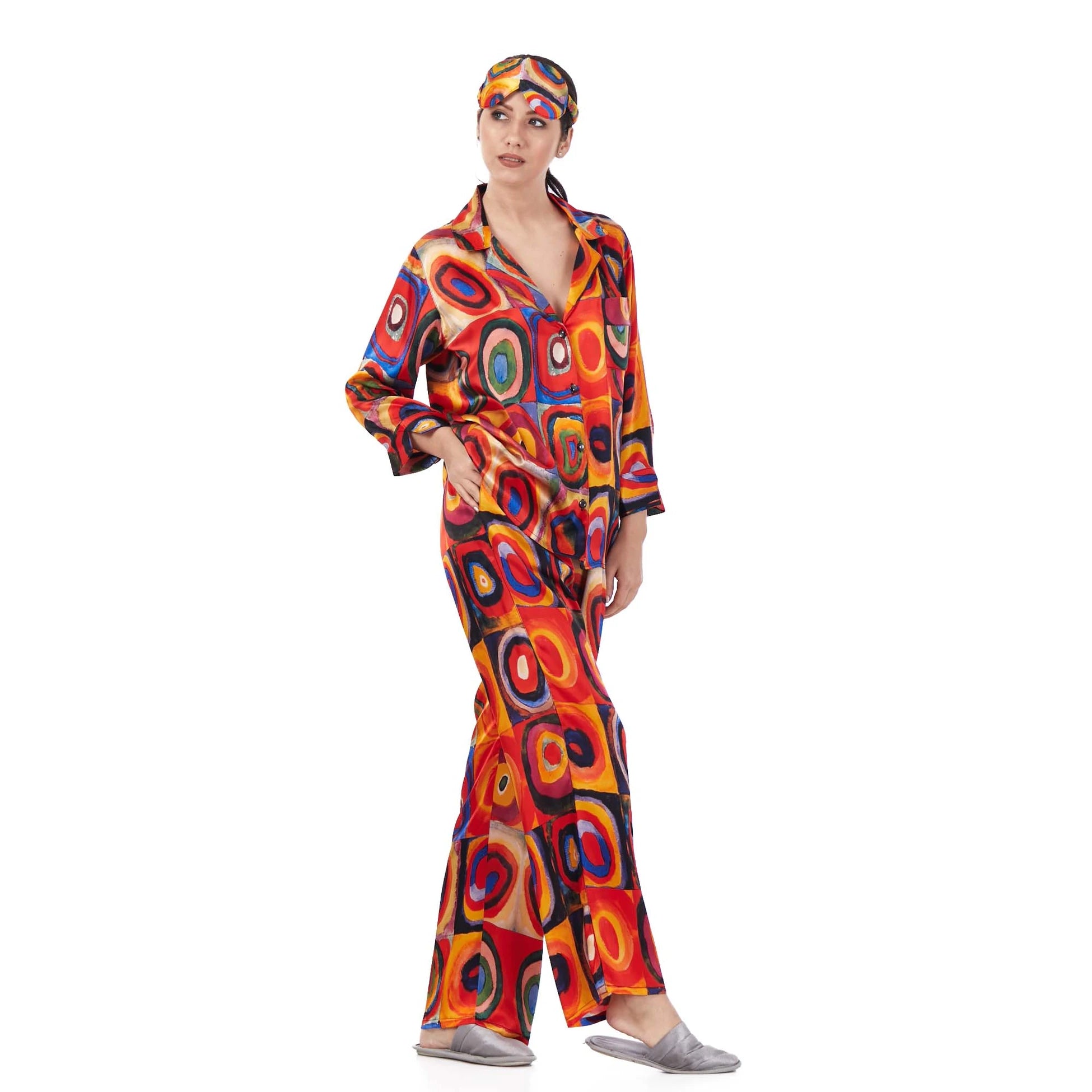 100% İpek Gömlek-Pantolon / Pijama Takımı | Kandinsky Squares with Circles | Nomads Felt