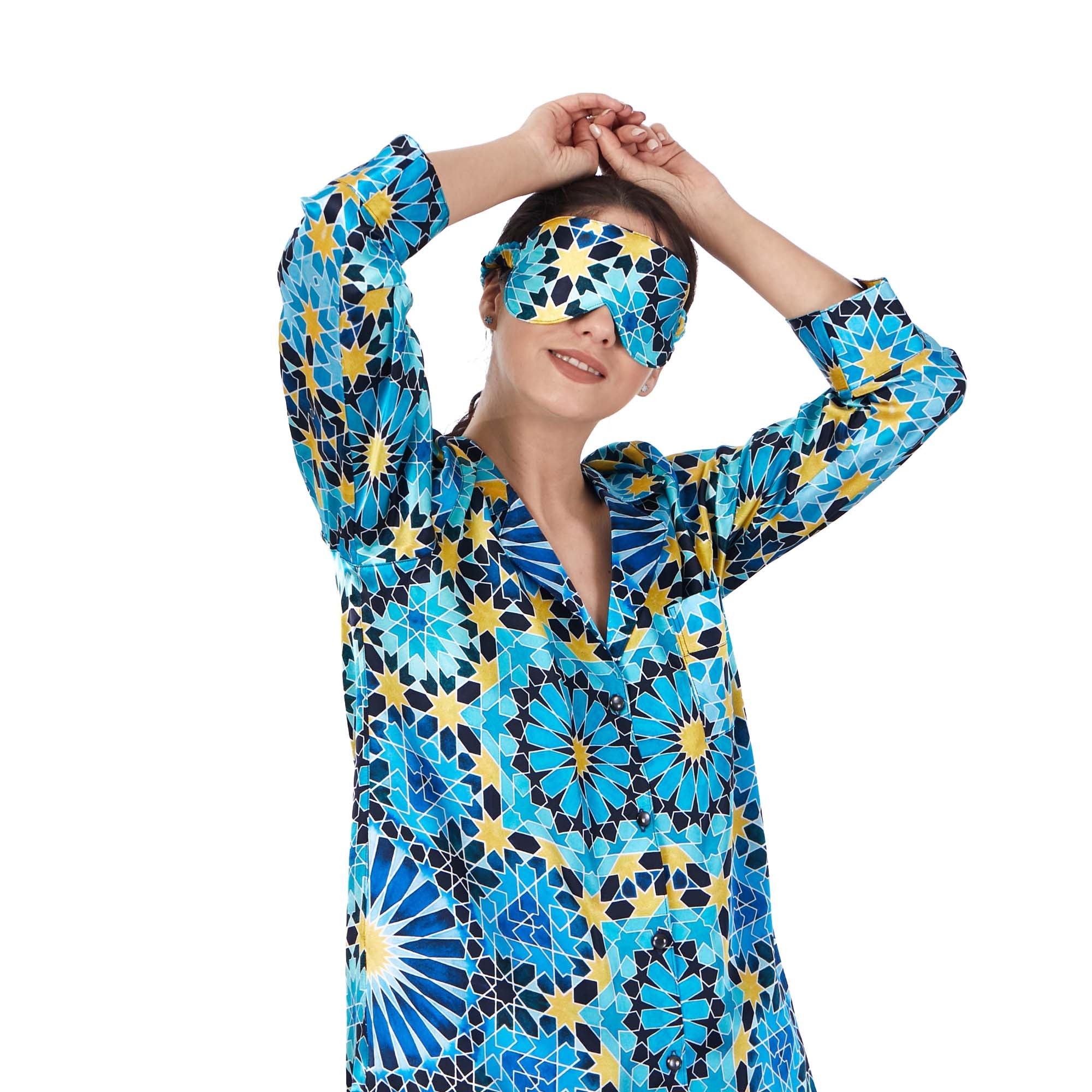 %100 İpek Gömlek-Pantolon / Pijama Takımı | Mavi Desenli | Nomads Felt
