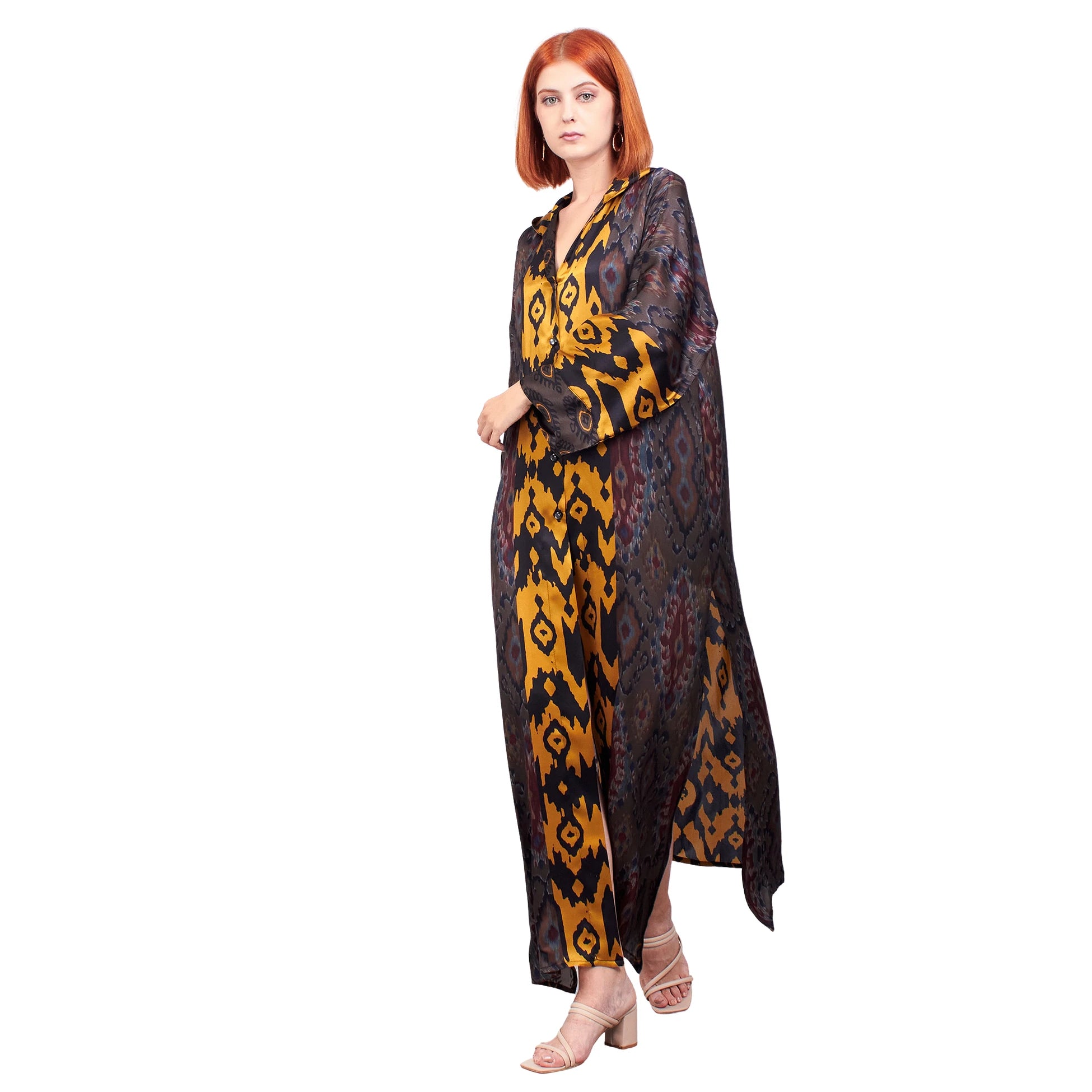 %100 İpek Kapüşonlu Kimono | İkat Desen 3 | Nomads Felt