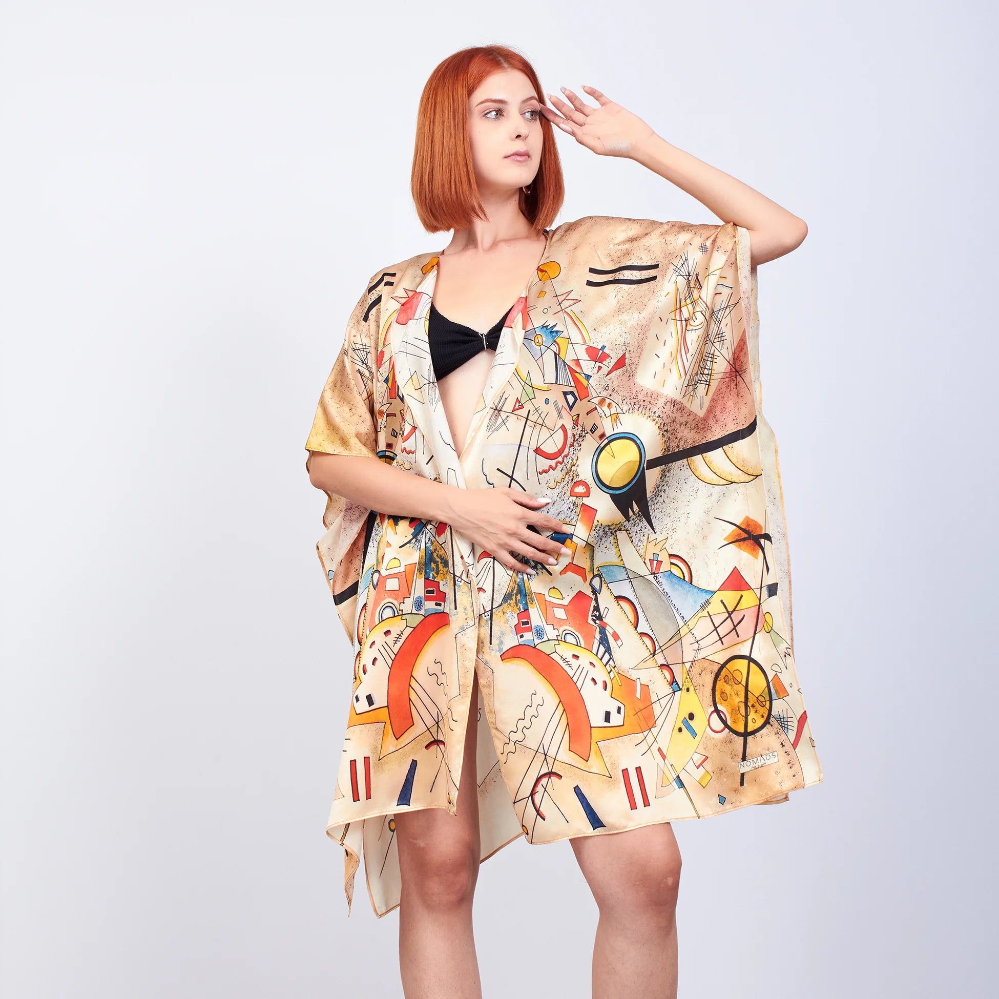%100 İpek Kısa Kimono Pareo | Kandinsky Bustling Aquarelle | Nomads Felt