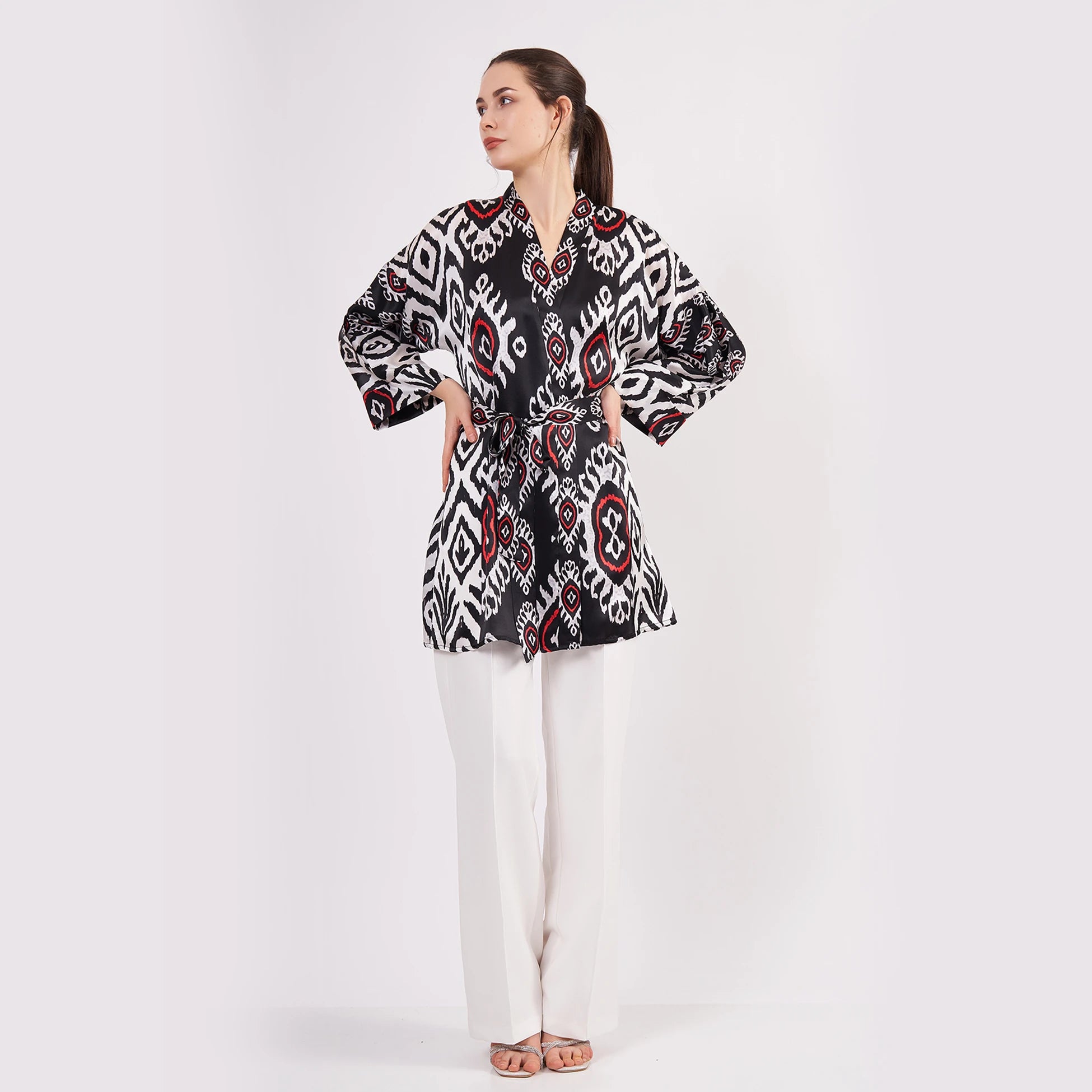 Saf İpek Kısa Kimono Kaftan | Ikat Desen 5 | Nomads Felt