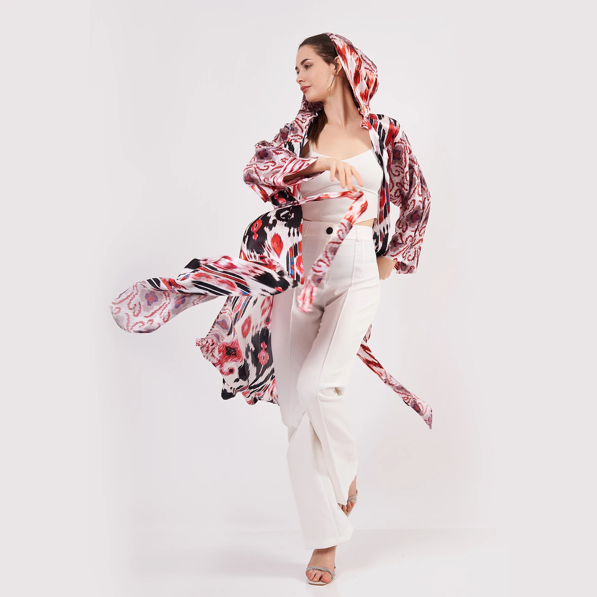 Saf İpek Kapüşonlu Kimono Kaftan İkat Desen 18 | Nomads Felt