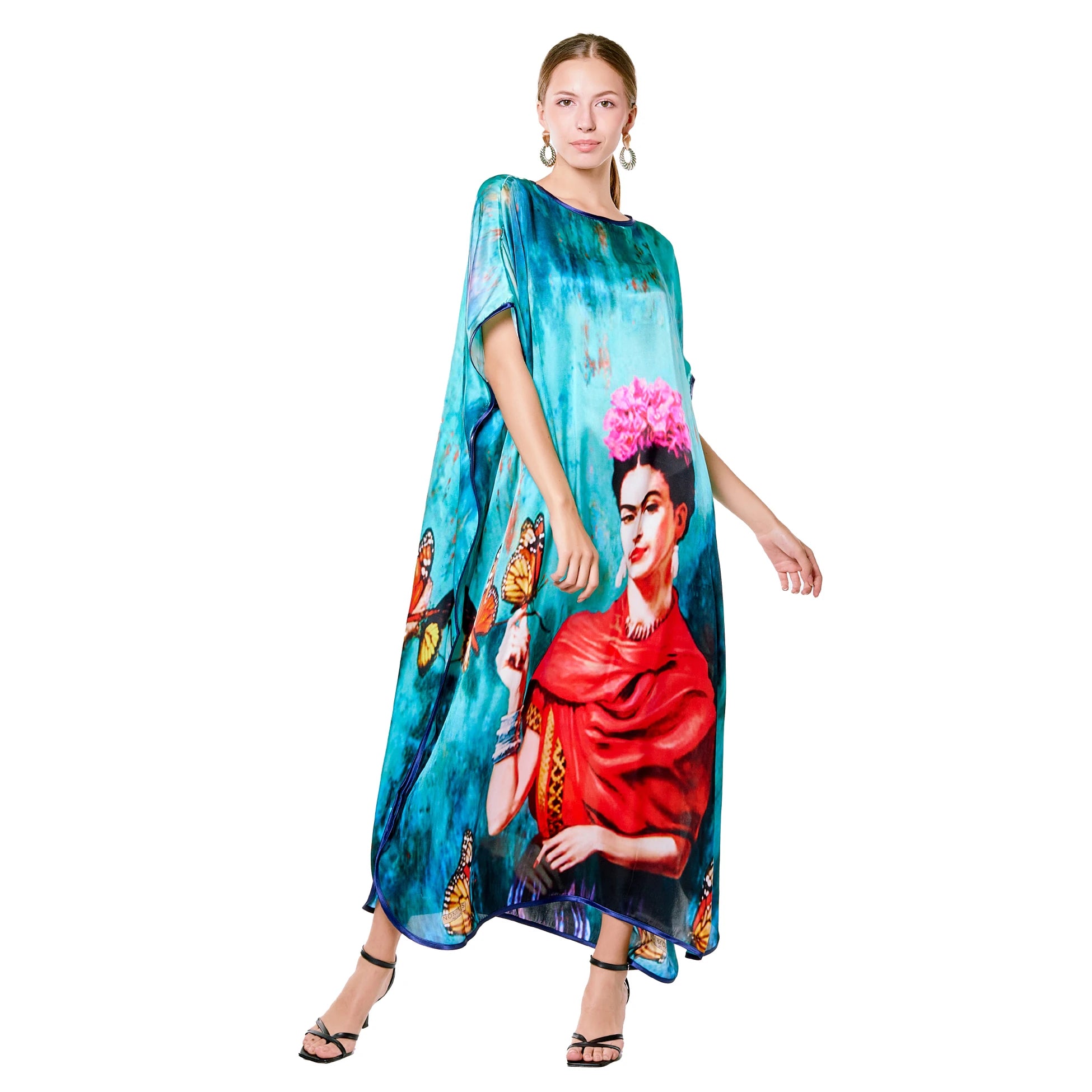 Mavi Frida Kahlo Butterfly Desenli İpek Elbise