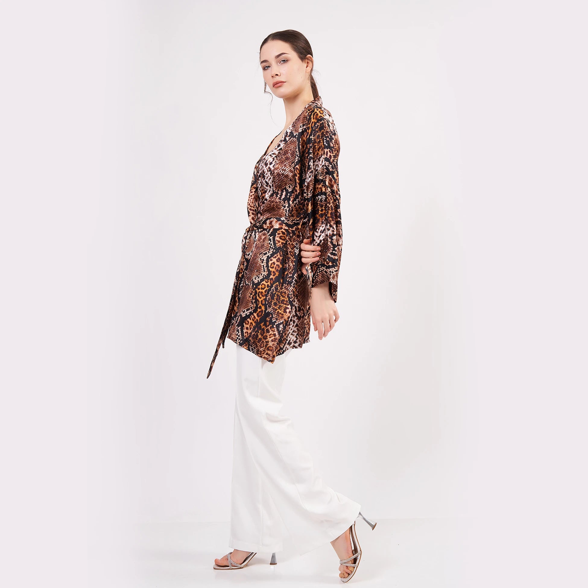 Saf İpek Kısa Kimono Kaftan | Yılan Derisi Desen Kahverengi | Nomads Felt
