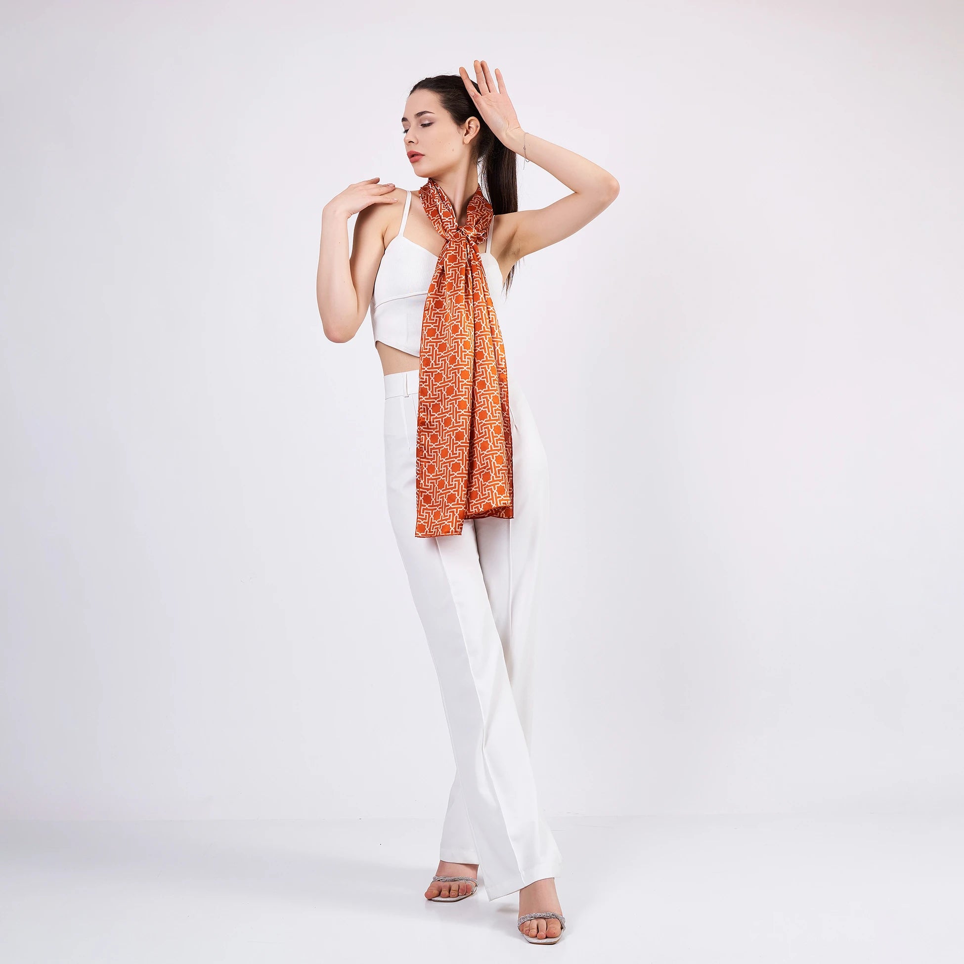 Saf İpek Fular | Kiremit | Unisex | Selçuklu Vektörel Yıldız Desen | Nomads Felt