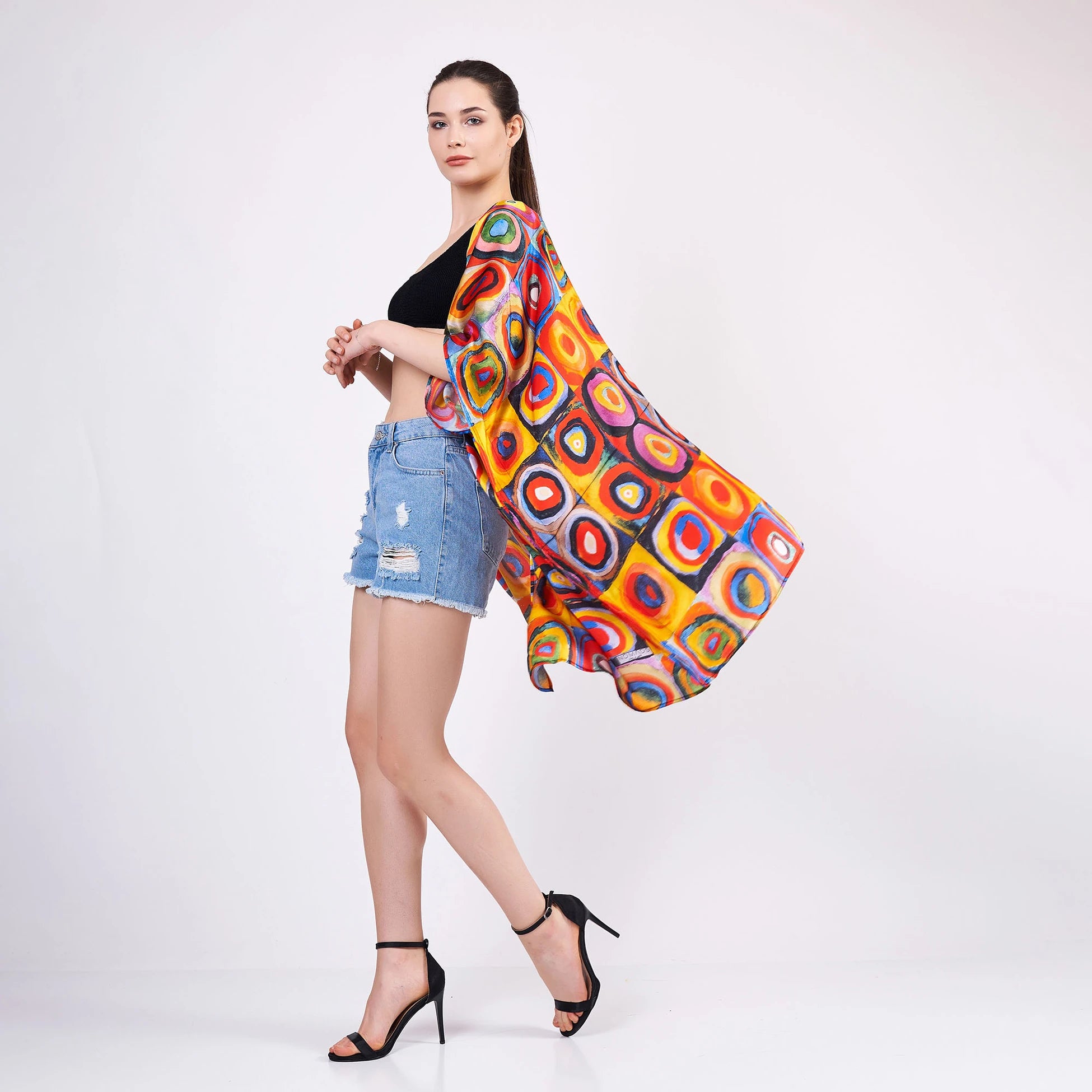 %100 İpek Kısa Kimono Pareo | Kandinsky Squares with Circles | Nomads Felt