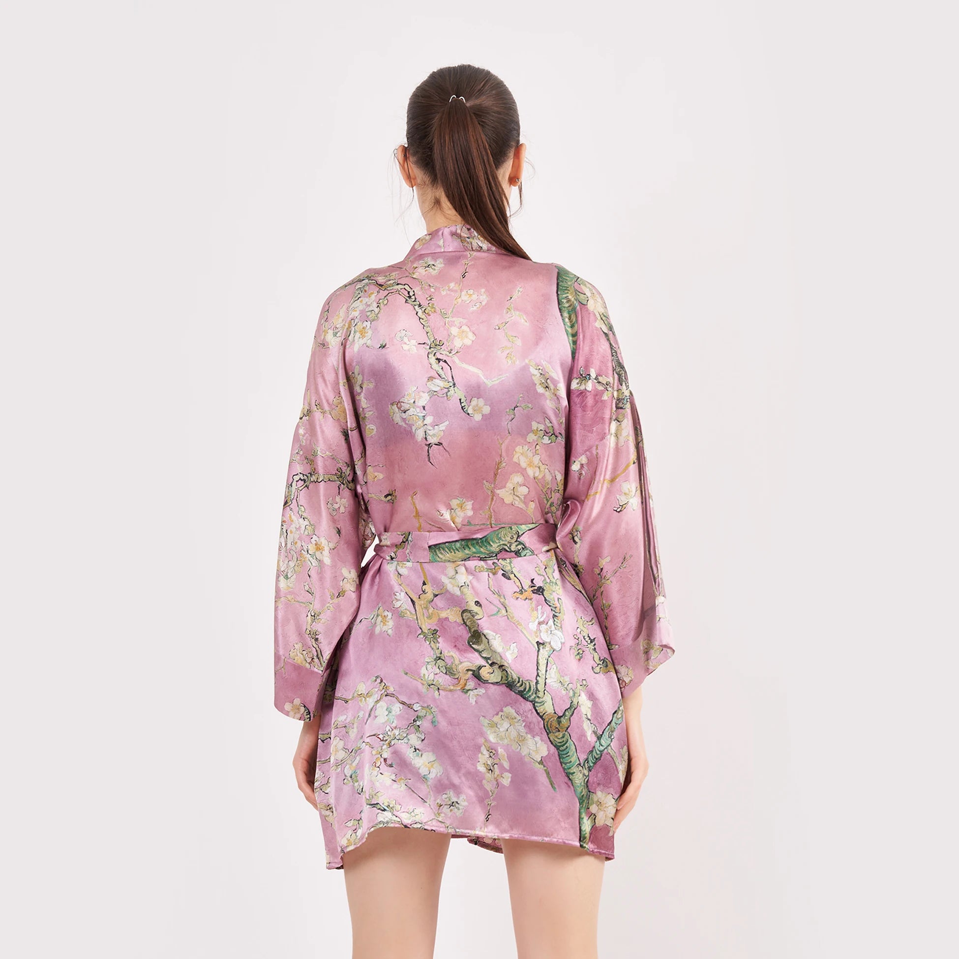 Saf İpek Kısa Kimono Kaftan | Van Gogh Badem Ağacı Pembe | Nomads Felt