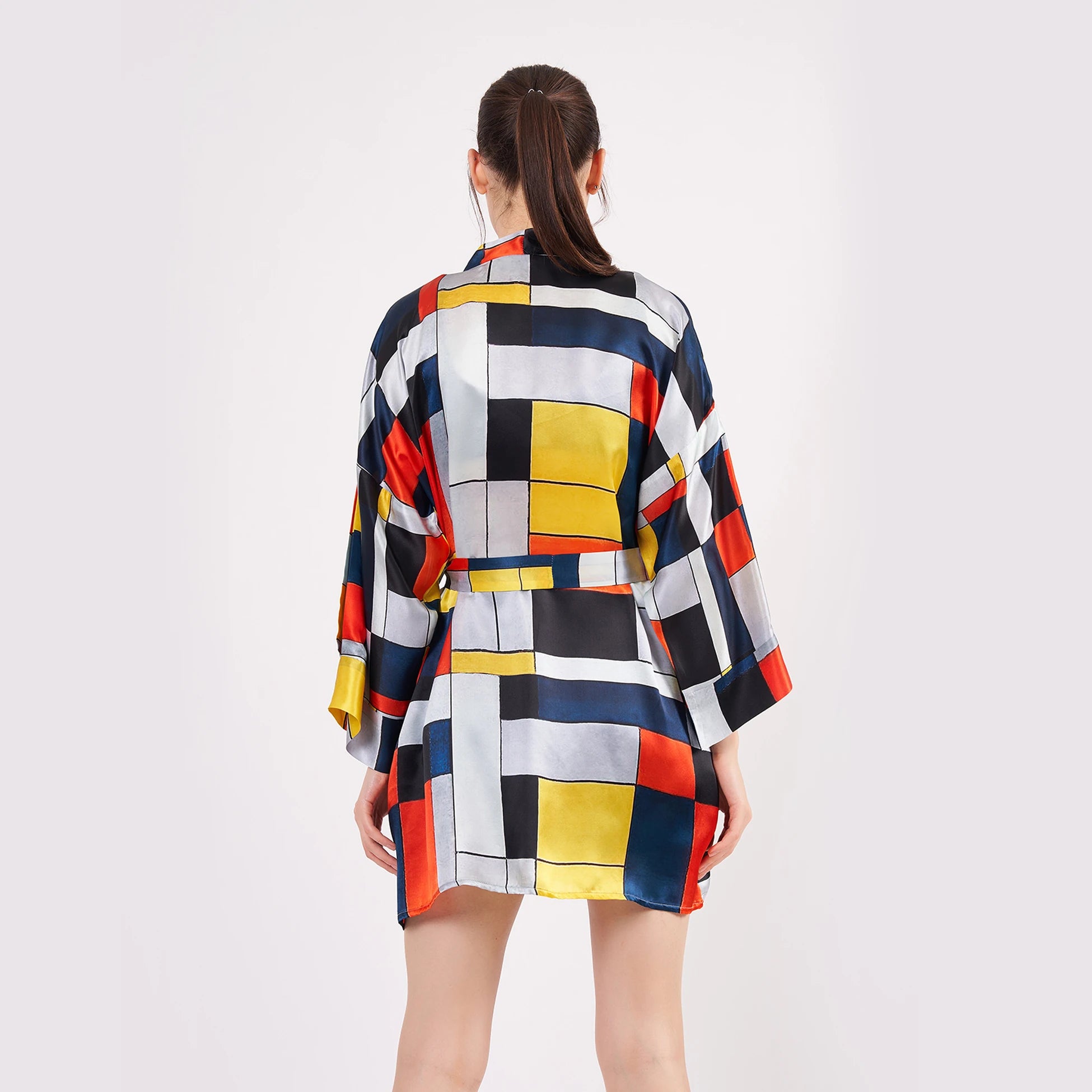 Saf İpek Kısa Kimono Kaftan | Geometrik Desen | Nomads Felt