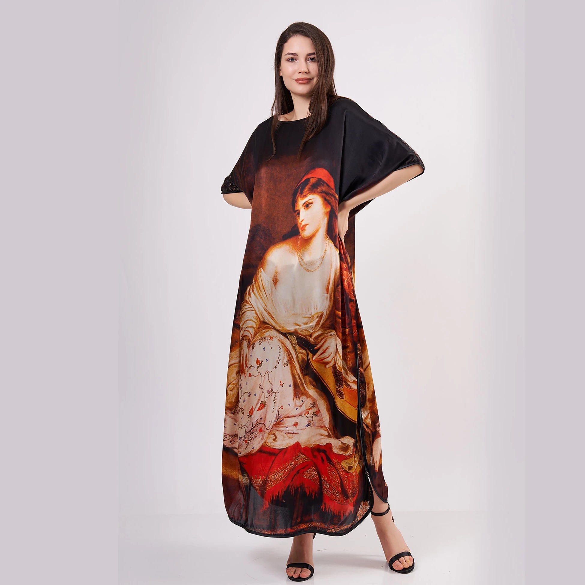 %100 İpek Uzun Elbise | Siyah Harem Desen | Nomads Felt