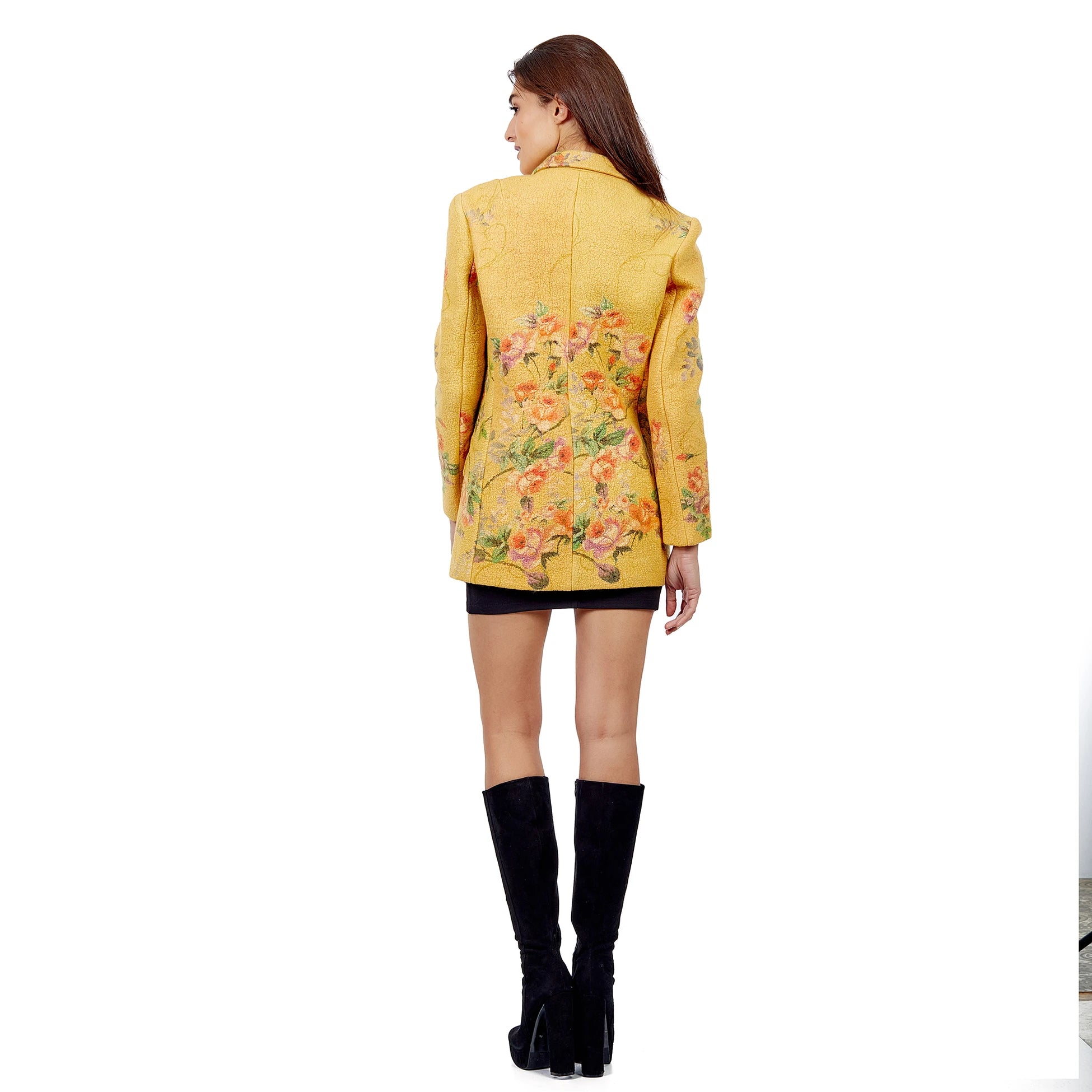 İpek-Yün Haute Couture Ceket | Sarı Çiçek Desen | Nomads Felt