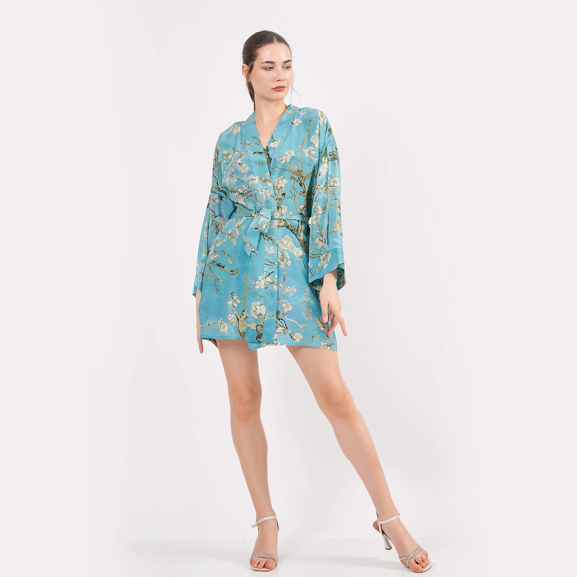 Saf İpek Kısa Kimono Kaftan | Van Gogh Badem Ağacı Turkuaz | Nomads Felt