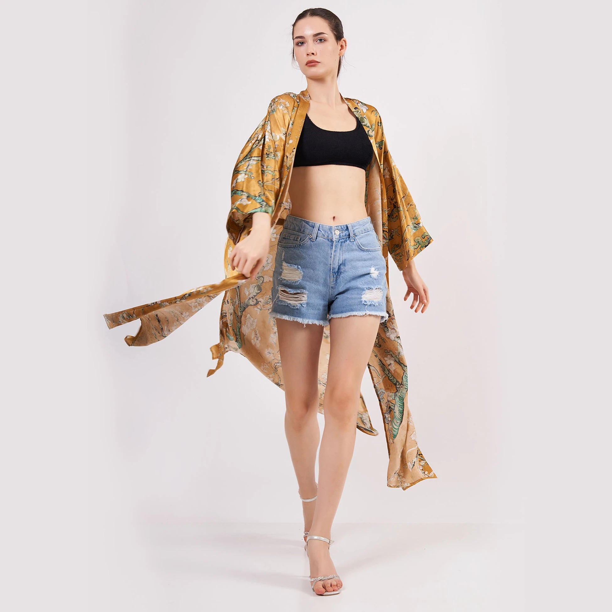 %100 İpek Kimono Kaftan | Gold | Van Gogh Badem Ağacı | Nomads Felt