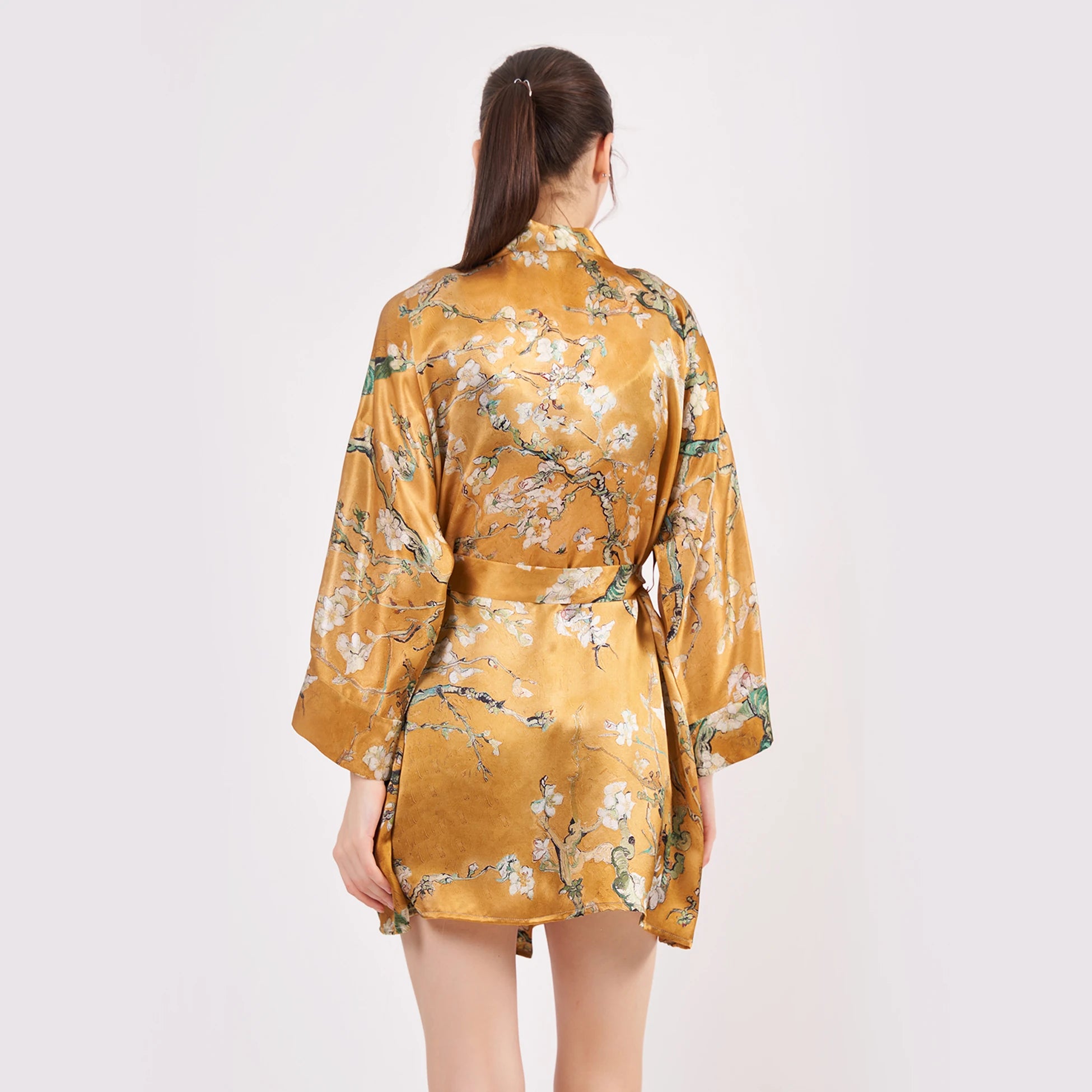 Saf İpek Kısa Kimono Kaftan | Van Gogh Badem Ağacı Gold | Nomads Felt