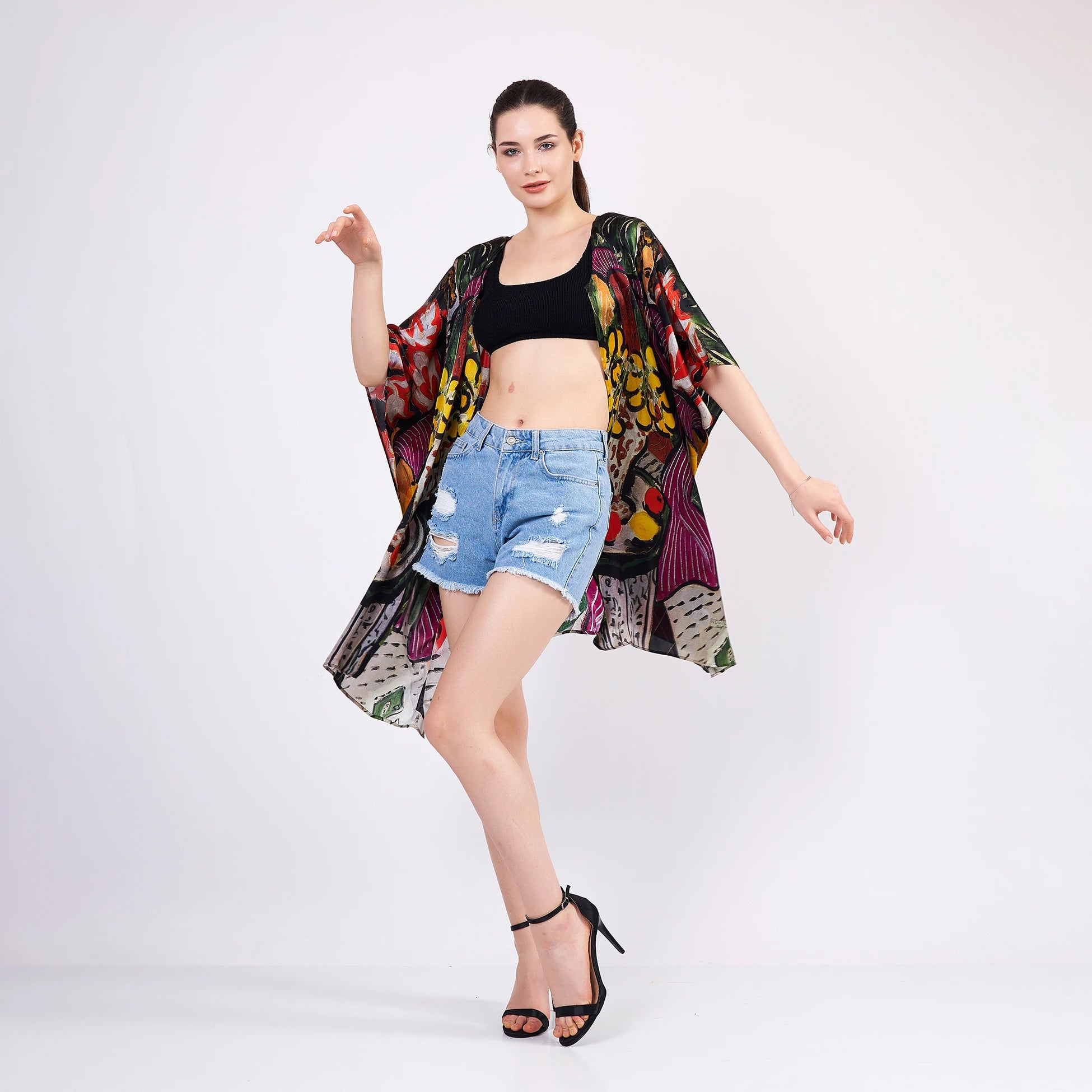 %100 İpek Kısa Kimono Pareo | Henri Matisse Purple and Dress | Nomads Felt