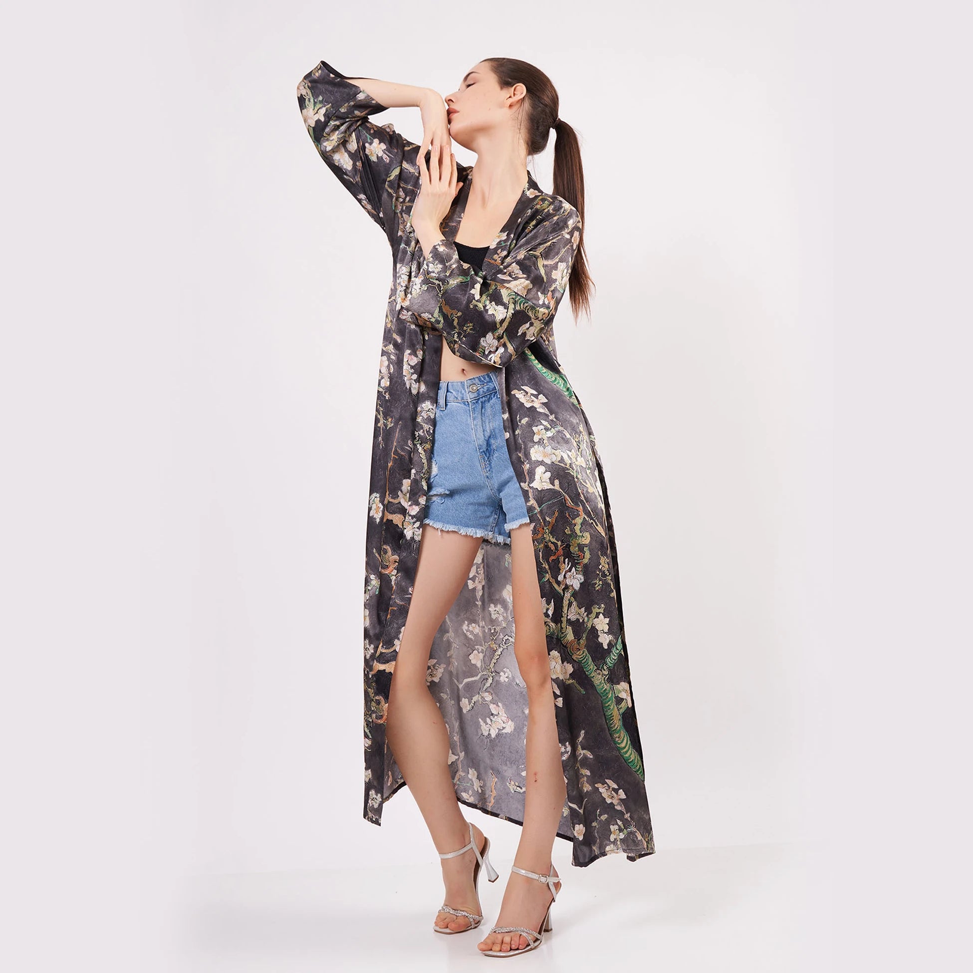%100 İpek Kimono Kaftan | Antrasit | Van Gogh Badem Ağacı | Nomads Felt