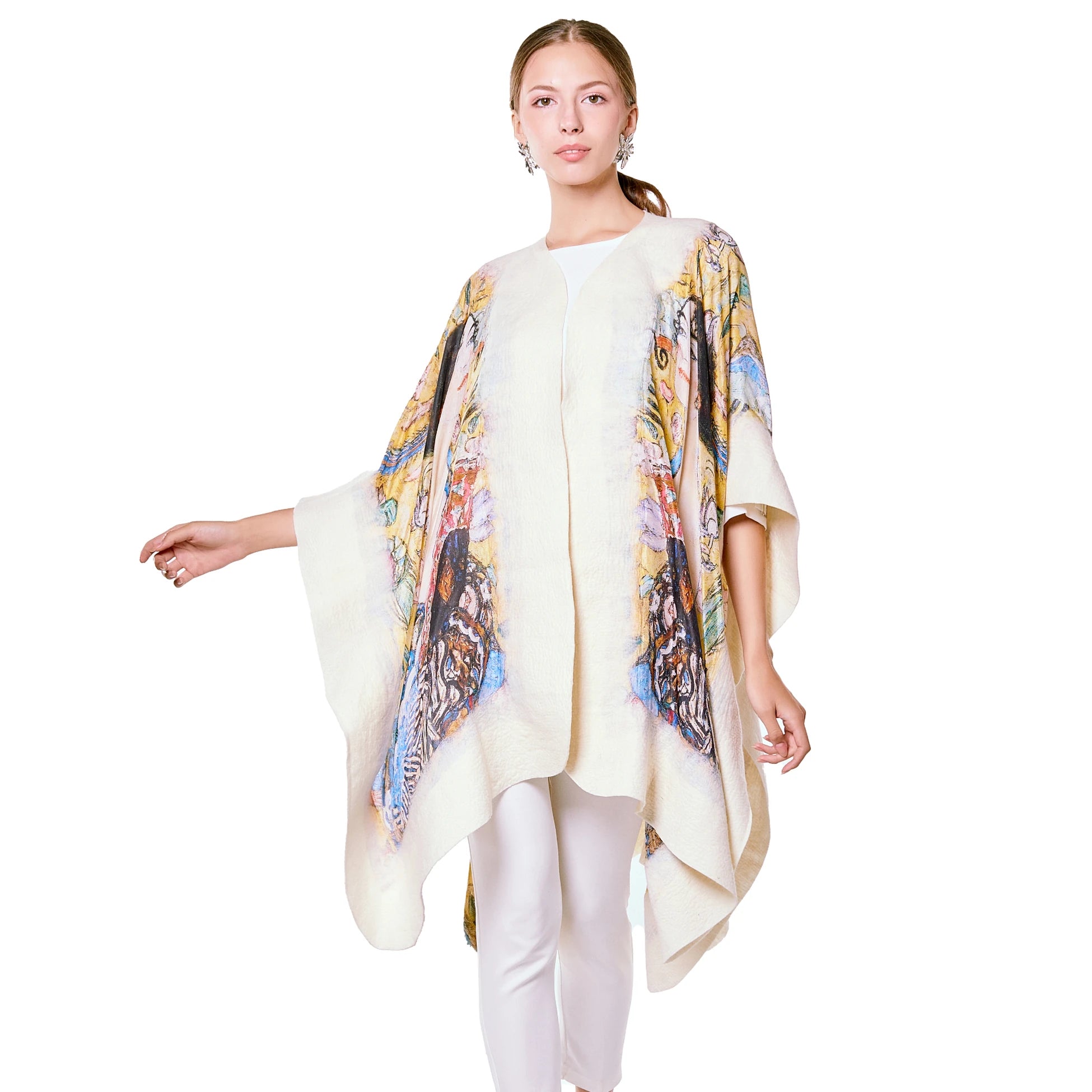 İpek-Keçe Panço | Beyaz Gustav Klimt Lady with Fan | Nomads Felt