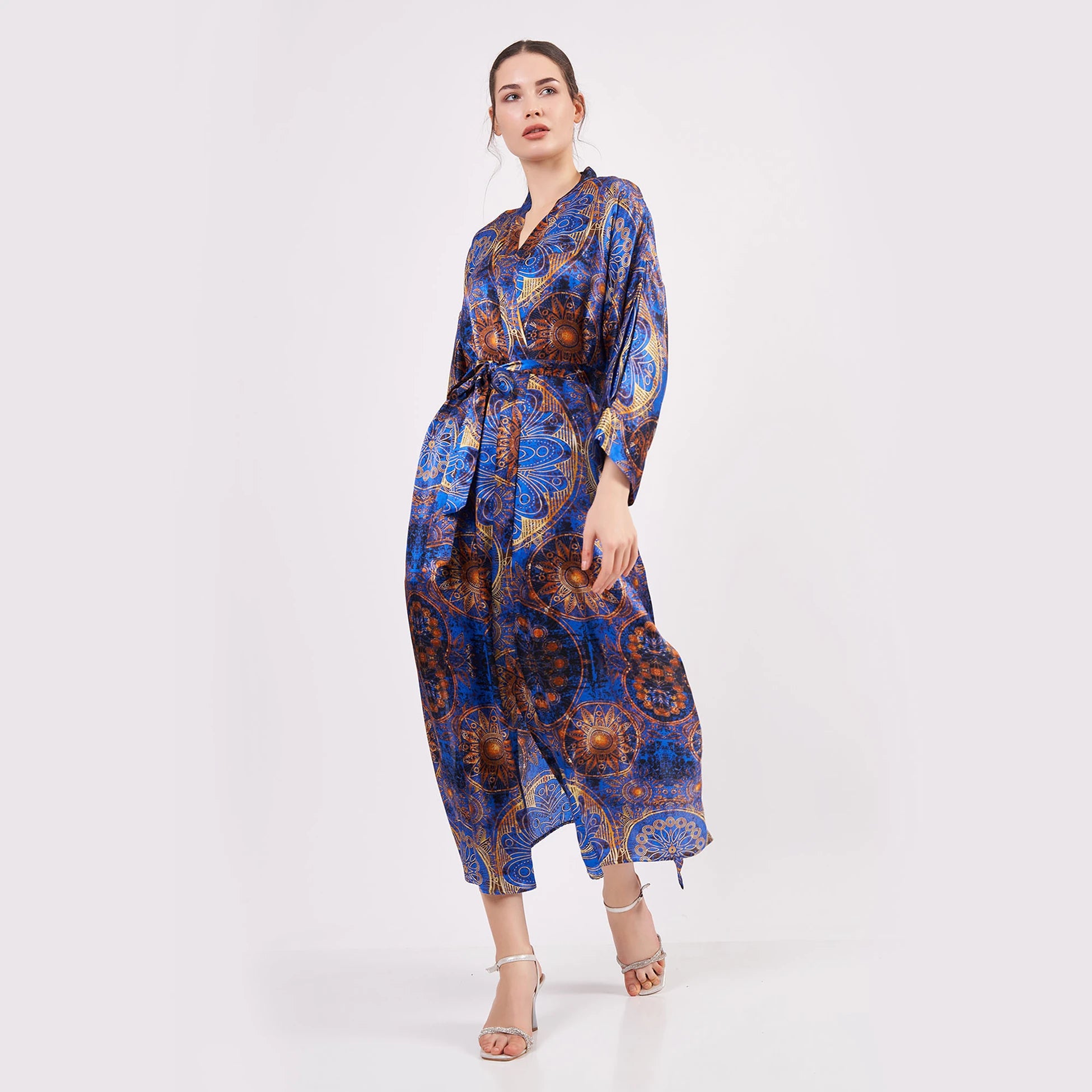Saf İpek Uzun Kimono Kaftan | Mandala Desen 2 | Saks Mavi | Nomads Felt