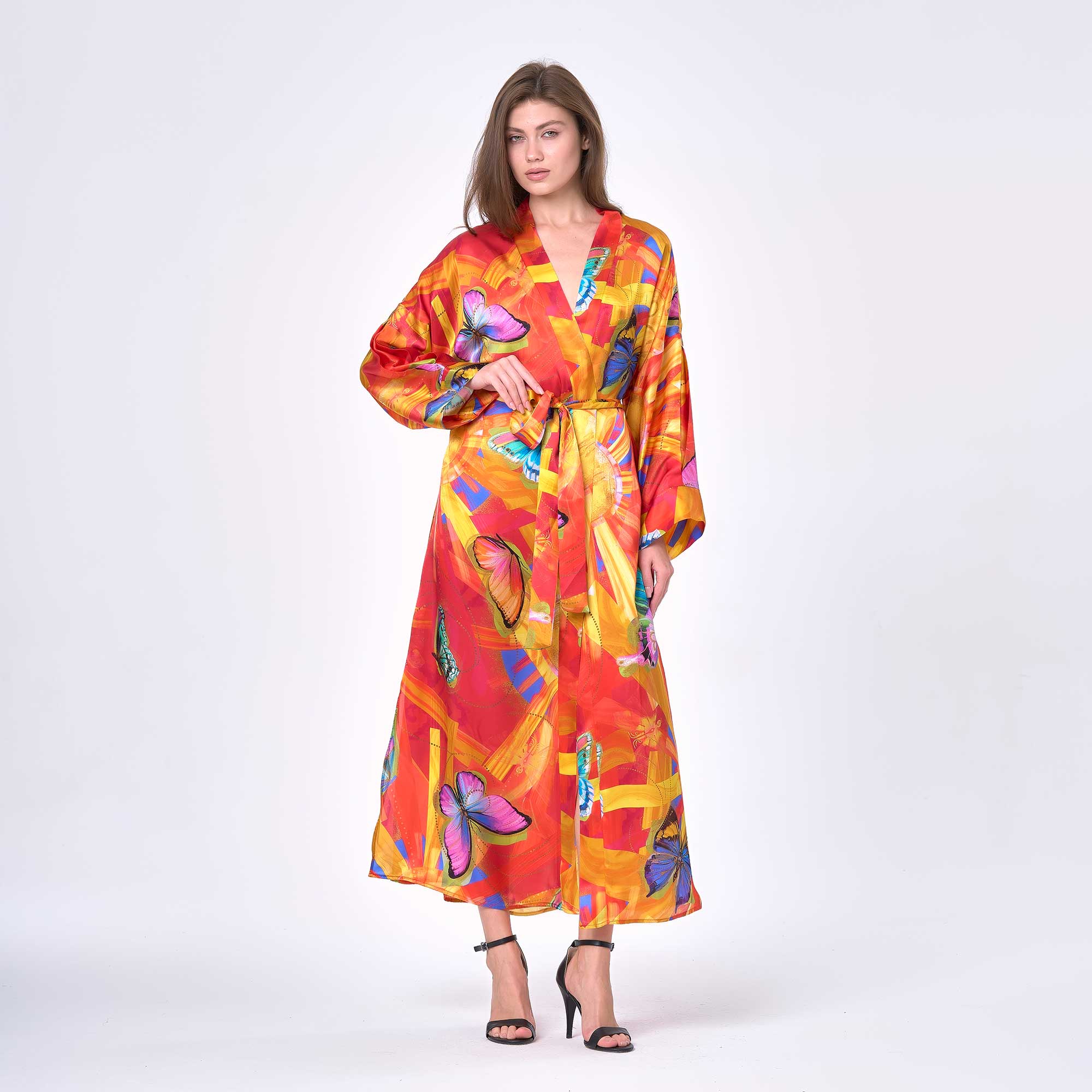 Kelebek Desenli %100 İpek Kimono Kaftan