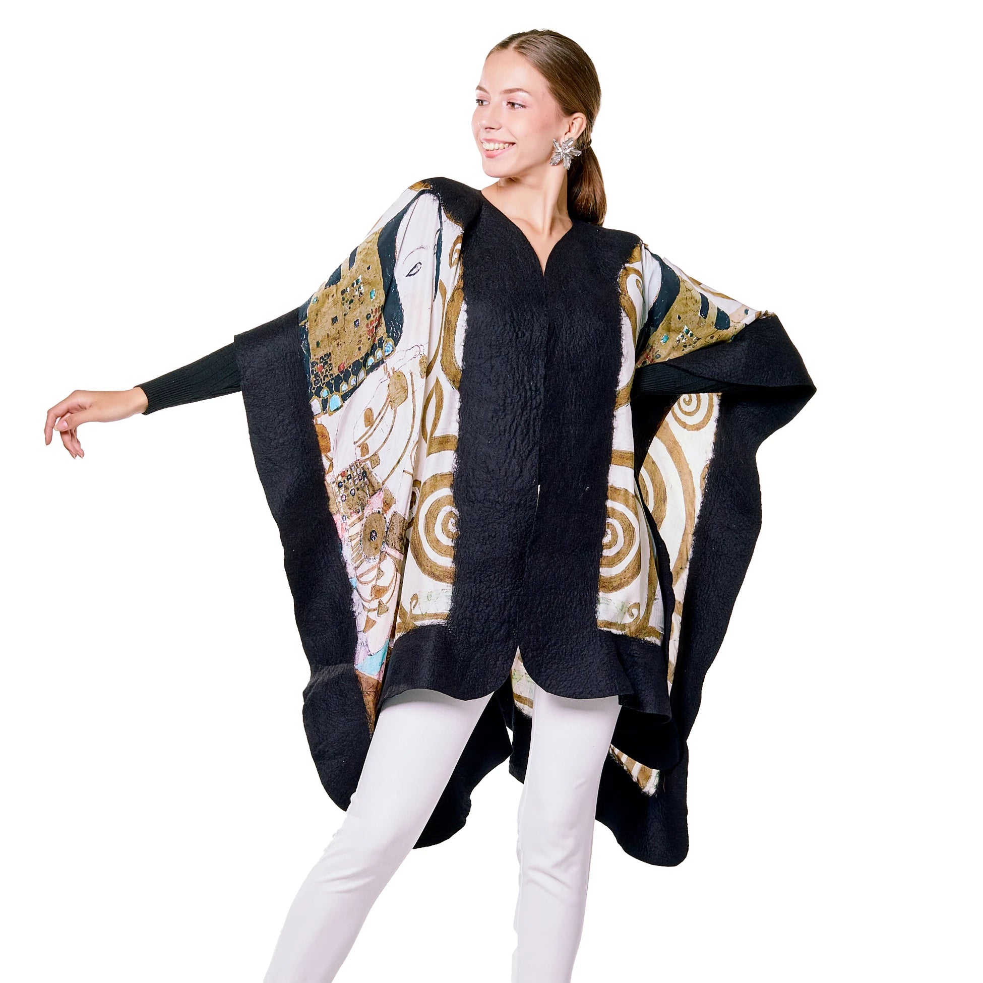 Kadın İpek-Keçe Panço | Siyah Gustav Klimt Expectation | Nomads Felt