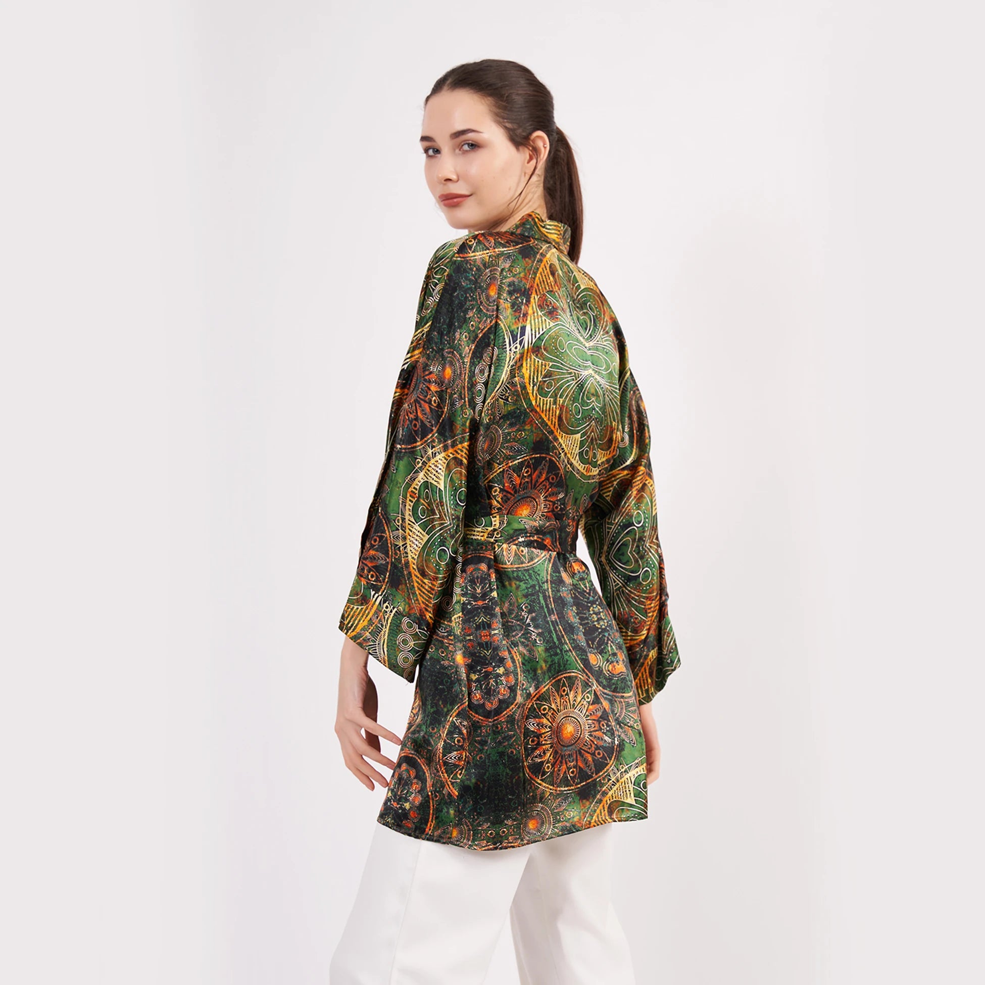 Saf İpek Kısa Kimono Kaftan | Mandala Desen 5 Haki | Nomads Felt