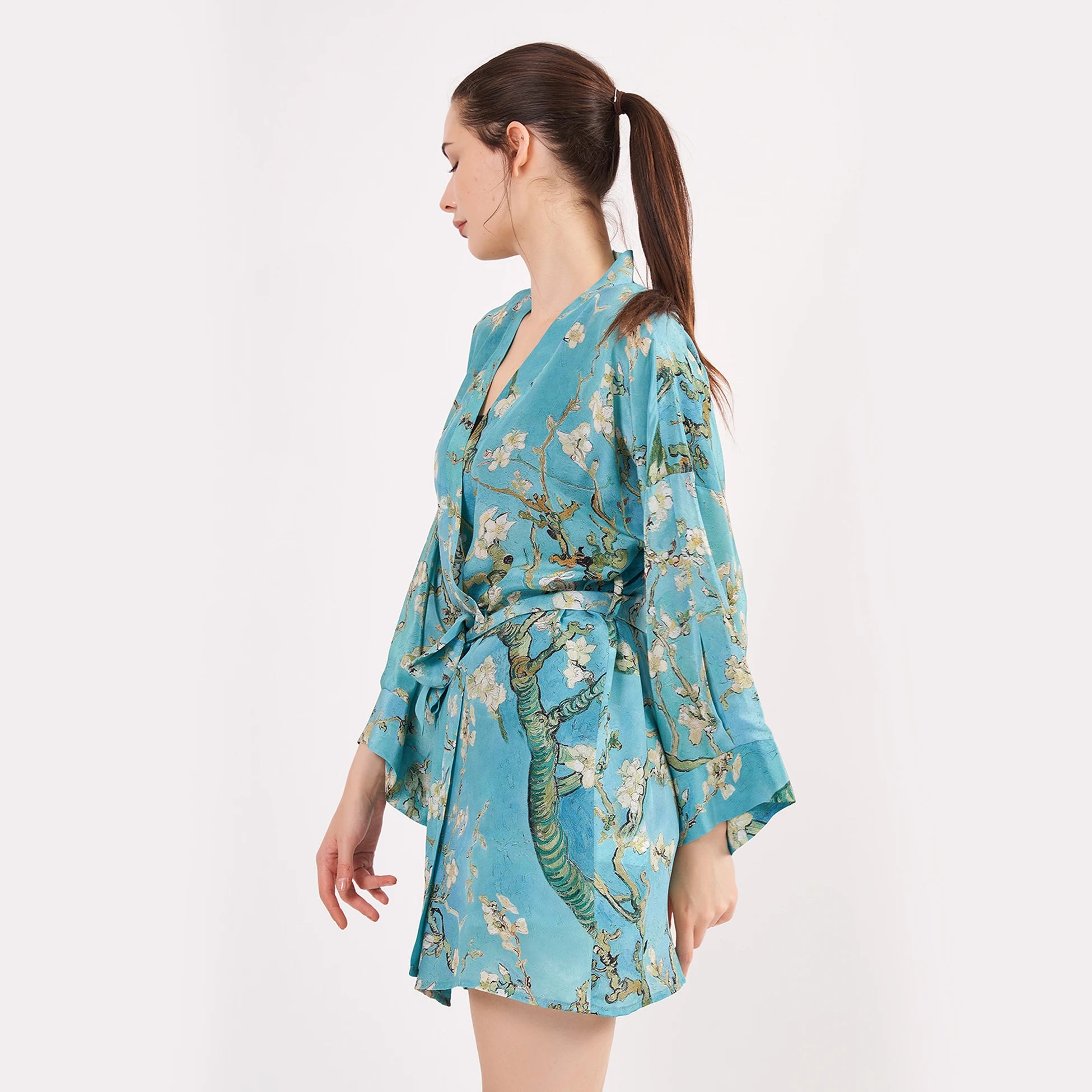 Saf İpek Kısa Kimono Kaftan | Van Gogh Badem Ağacı Turkuaz | Nomads Felt