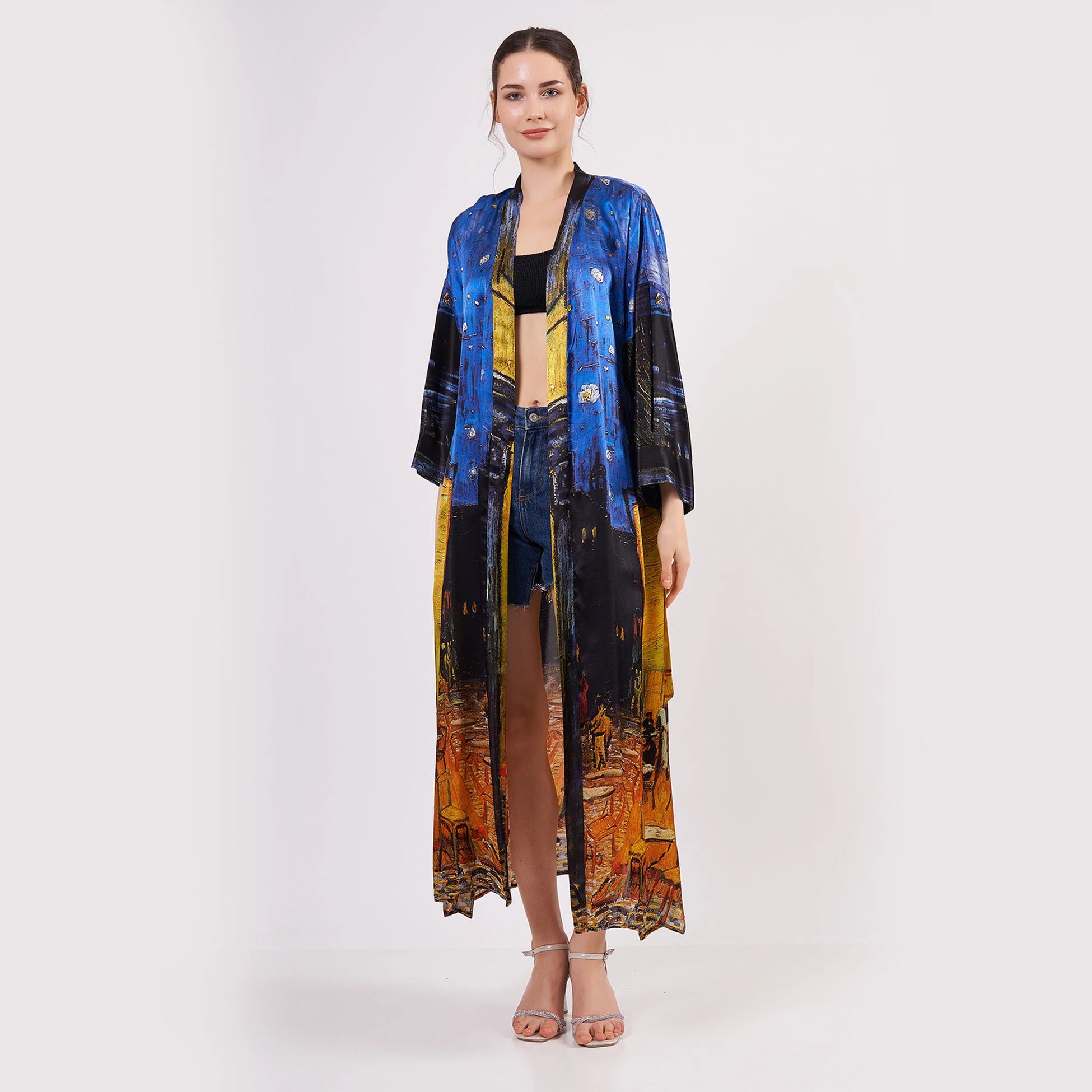 %100 İpek Uzun Kimono | Van Gogh Cafe Terrace at Night | Nomads Felt