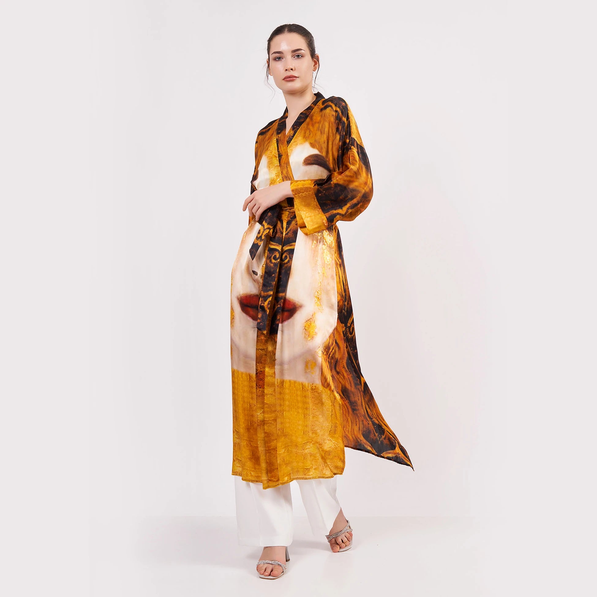 Saf İpek Uzun Kimono Kaftan | Freya's Tears - Altın Gözyaşları | Nomads Felt