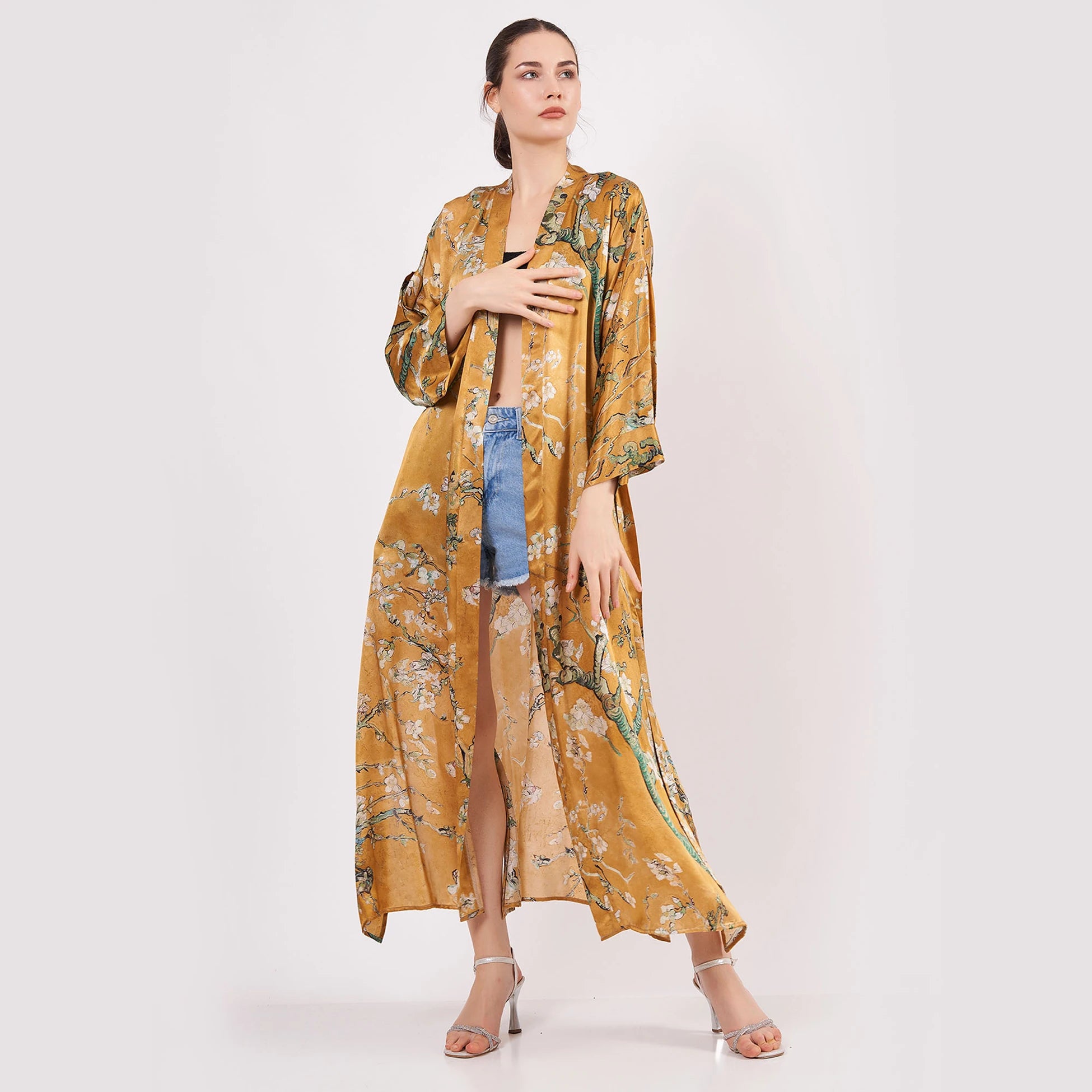 %100 İpek Kimono Kaftan | Gold | Van Gogh Badem Ağacı | Nomads Felt