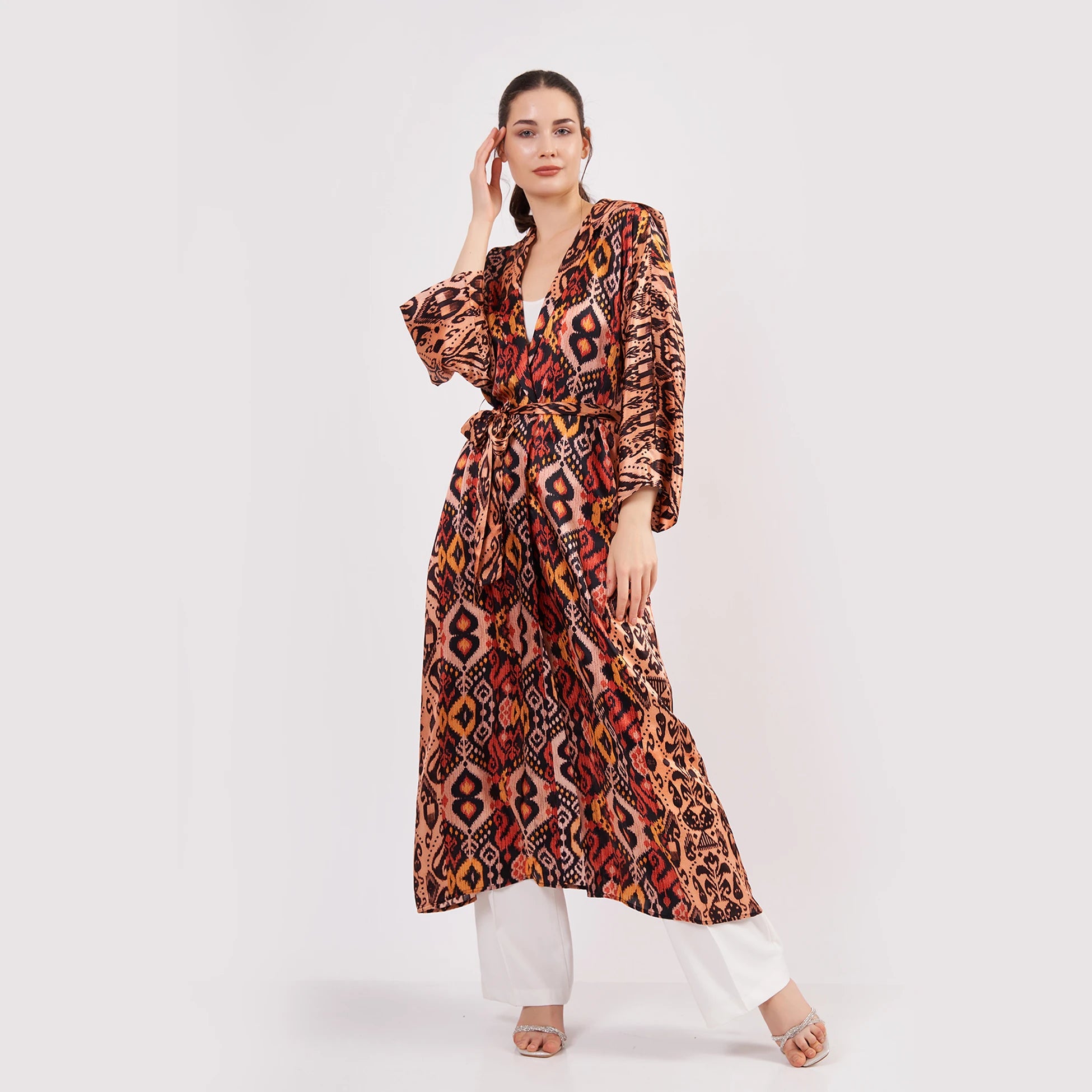 Saf İpek Kapüşonlu Kimono Kaftan İkat Desen 17 | Nomads Felt