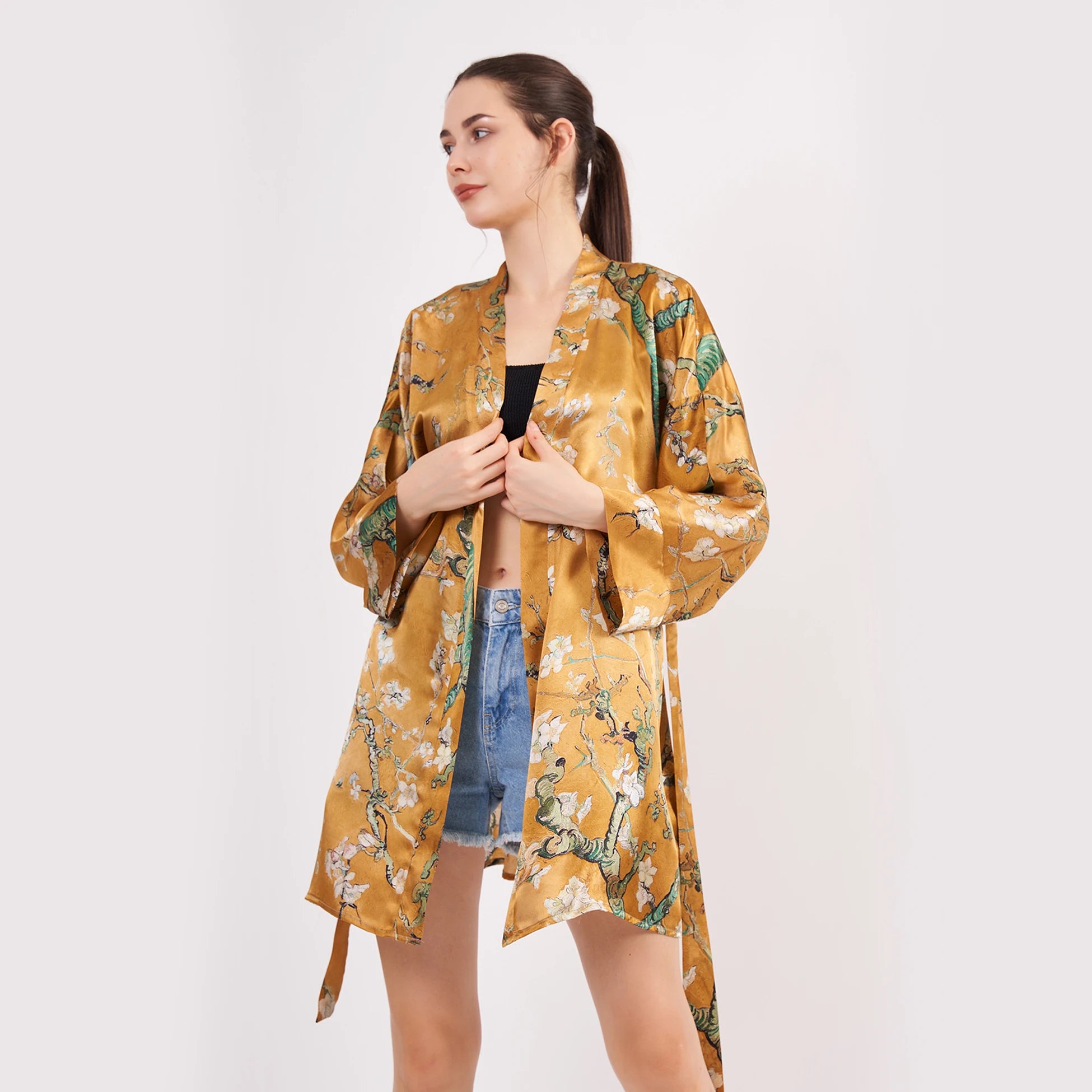 Saf İpek Kısa Kimono Kaftan | Van Gogh Badem Ağacı Gold | Nomads Felt