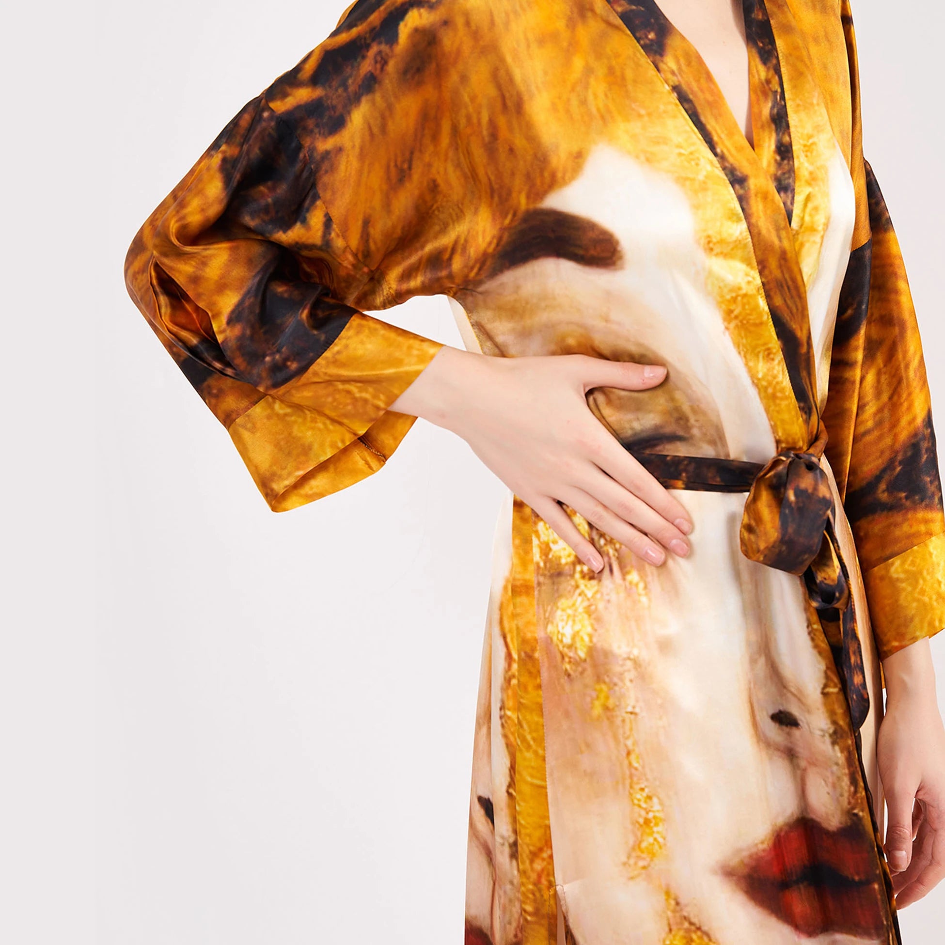 Saf İpek Uzun Kimono Kaftan | Freya's Tears - Altın Gözyaşları | Nomads Felt