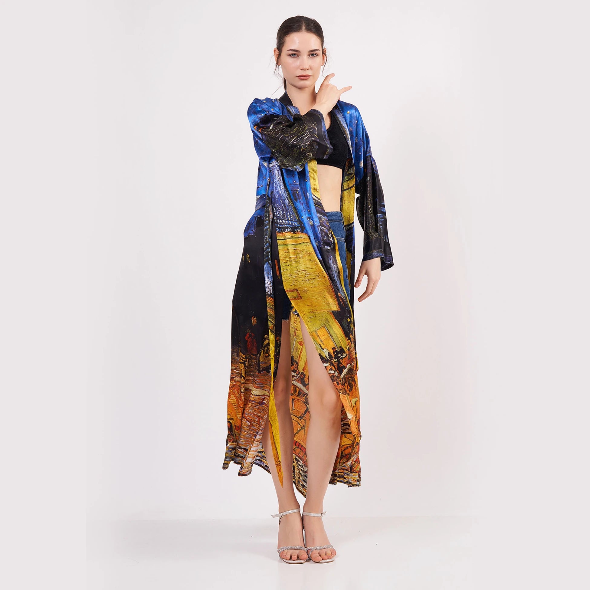 %100 İpek Uzun Kimono | Van Gogh Cafe Terrace at Night | Nomads Felt