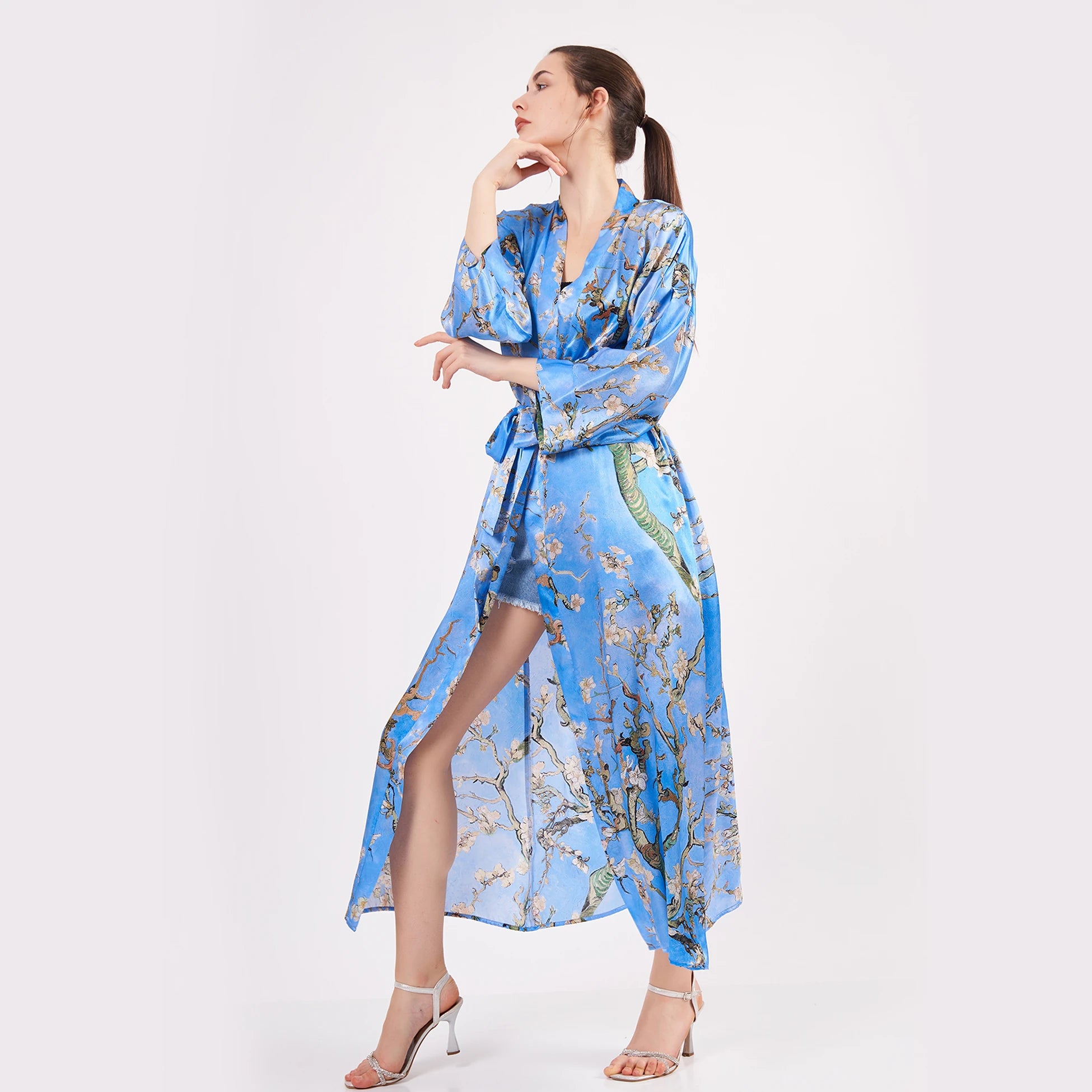 %100 İpek Kimono Kaftan | Mavi | Van Gogh Badem Ağacı | Nomads Felt