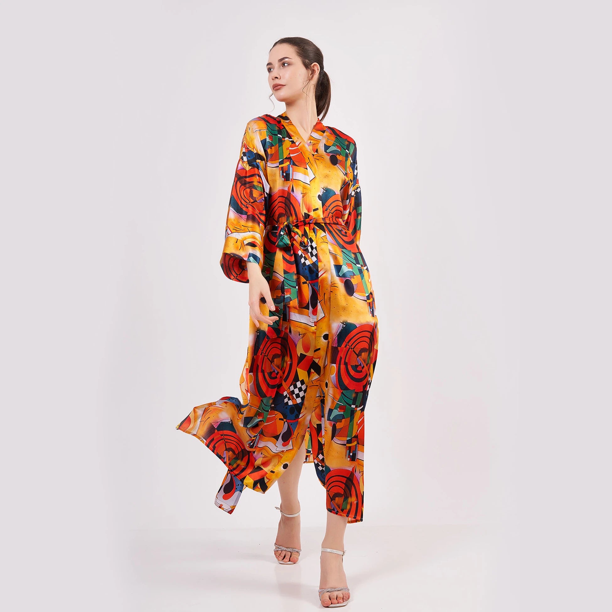 Saf İpek Uzun Kimono Kaftan | Kandinsky Composition II | Nomads Felt