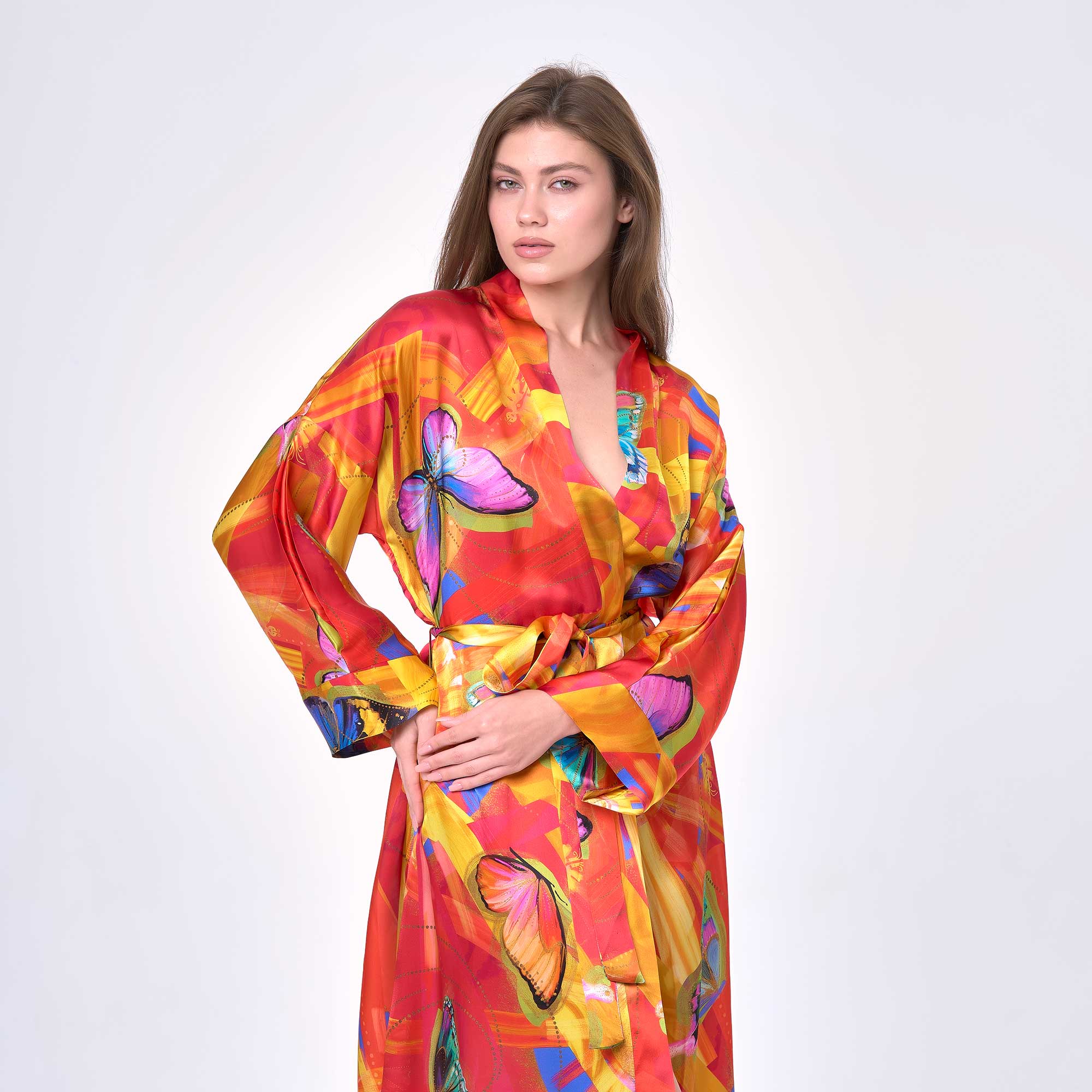 Kelebek Desenli %100 İpek Kimono Kaftan