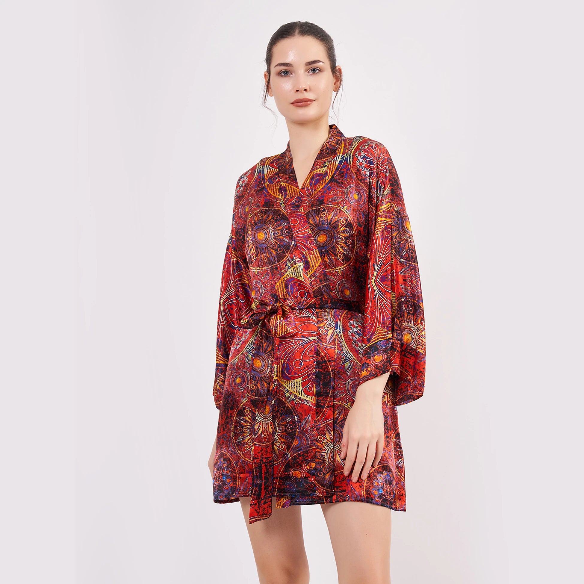 Saf İpek Kısa Kimono Kaftan | Mandala Desen Kırmızı | Nomads Felt