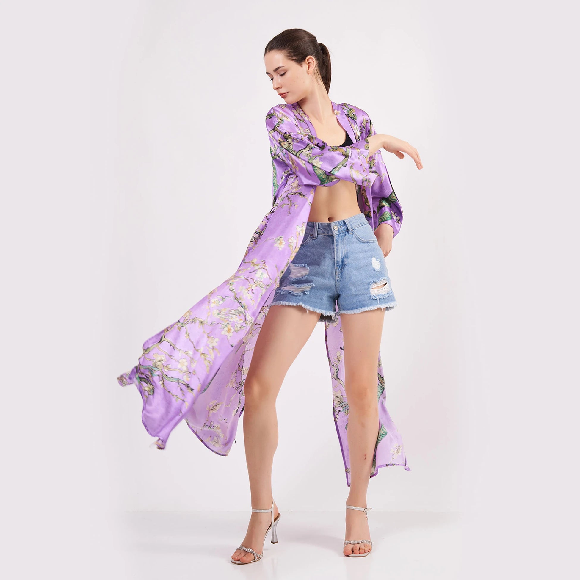 Saf İpek Uzun Kimono Kaftan | Mor Van Gogh Badem Ağacı | Nomads Felt