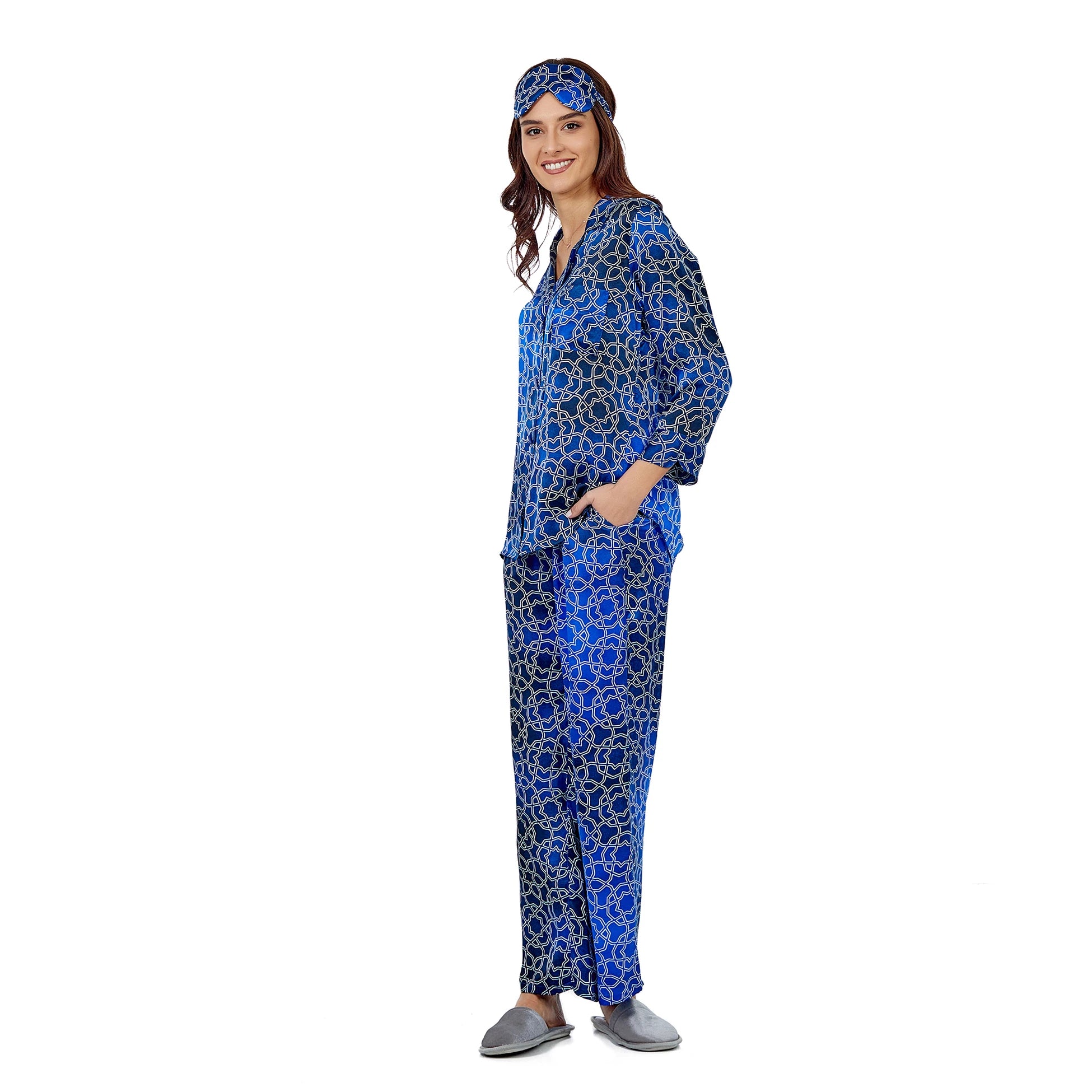 %100 İpek Gömlek-Pantolon / Pijama Takımı | Mavi-Lacivert Desenli | Nomads Felt