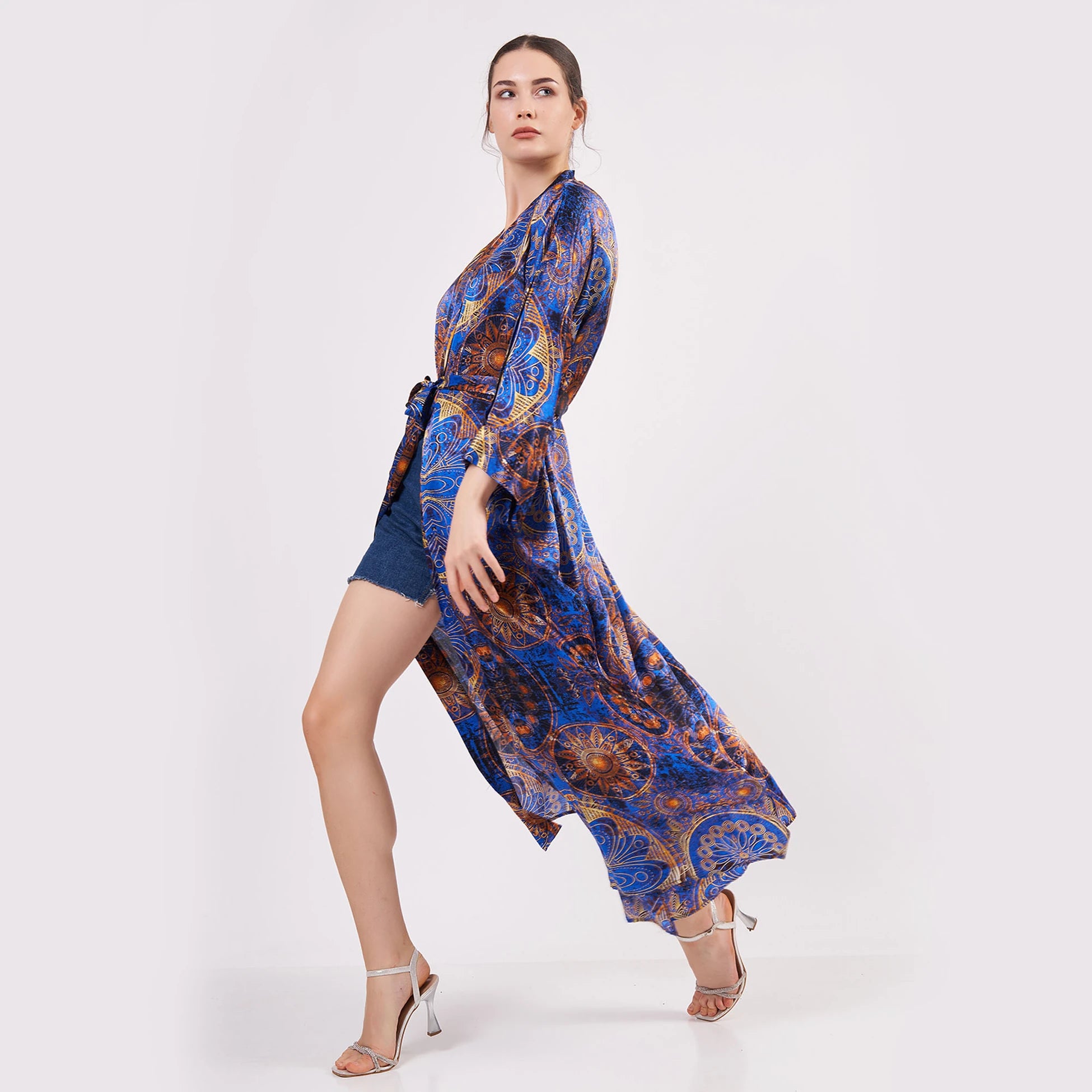 Saf İpek Uzun Kimono Kaftan | Mandala Desen 2 | Saks Mavi | Nomads Felt